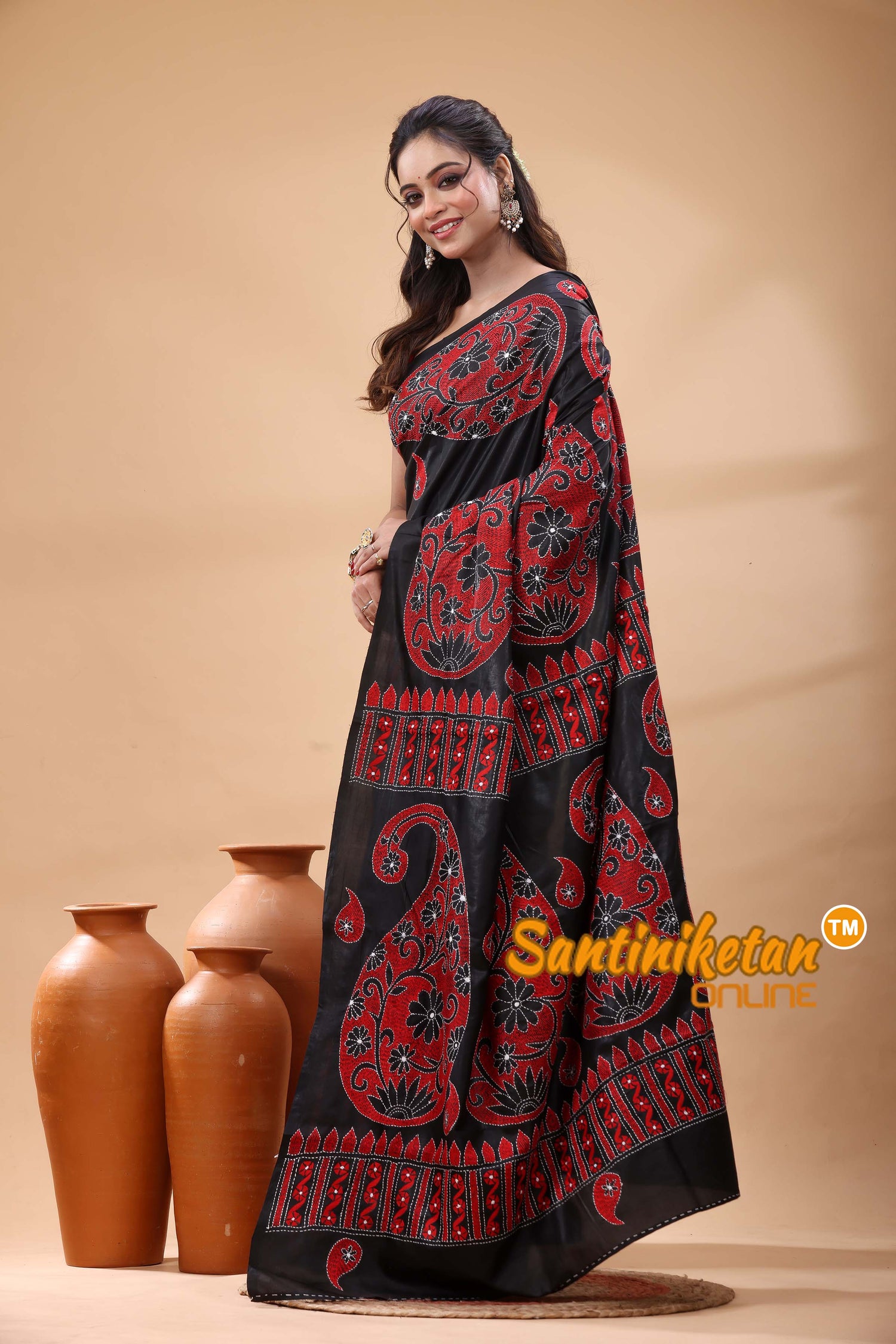 Pure Bangalore Silk Kantha Stitch Saree