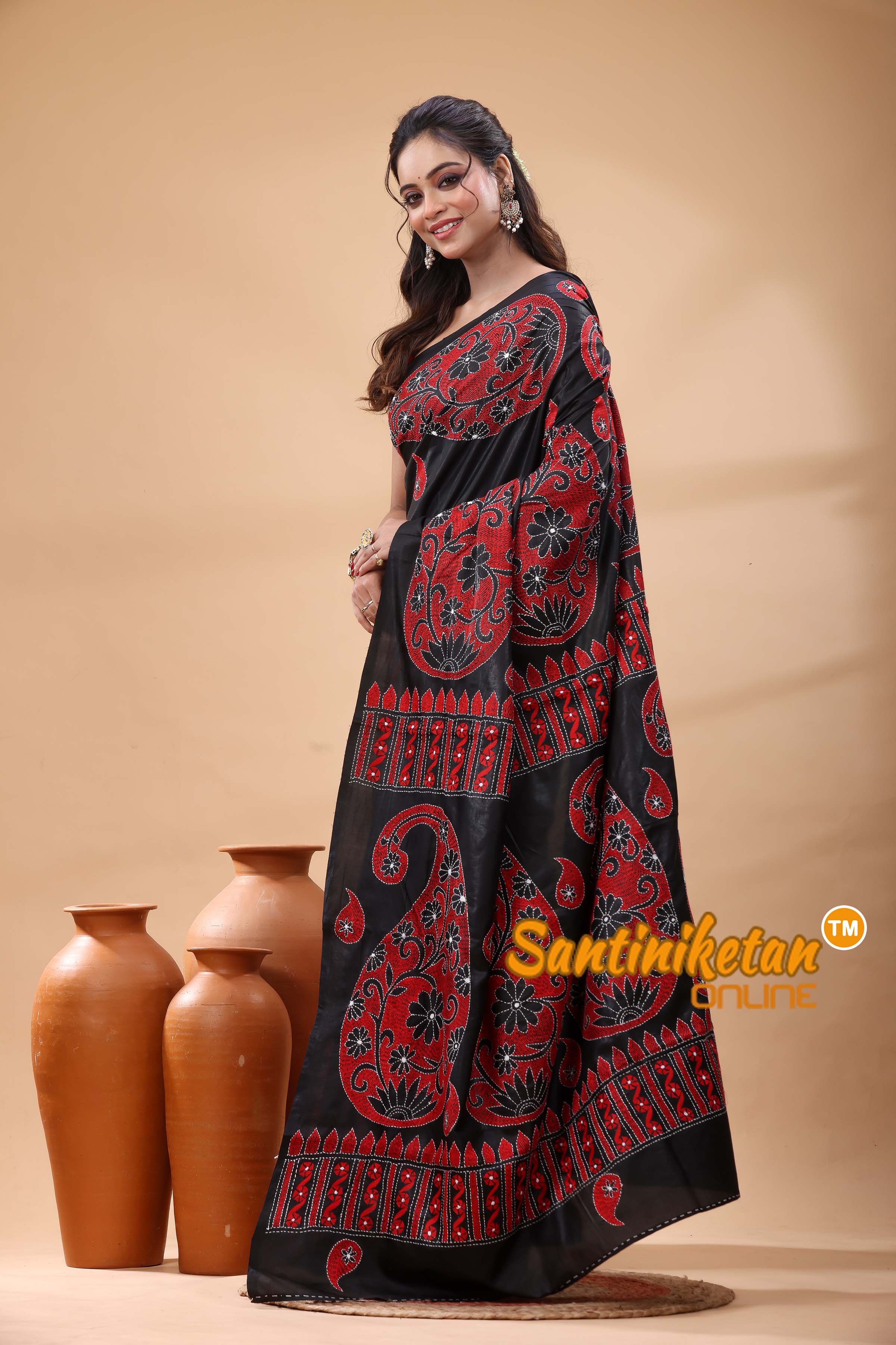 Pure Bangalore Silk Kantha Stitch Saree