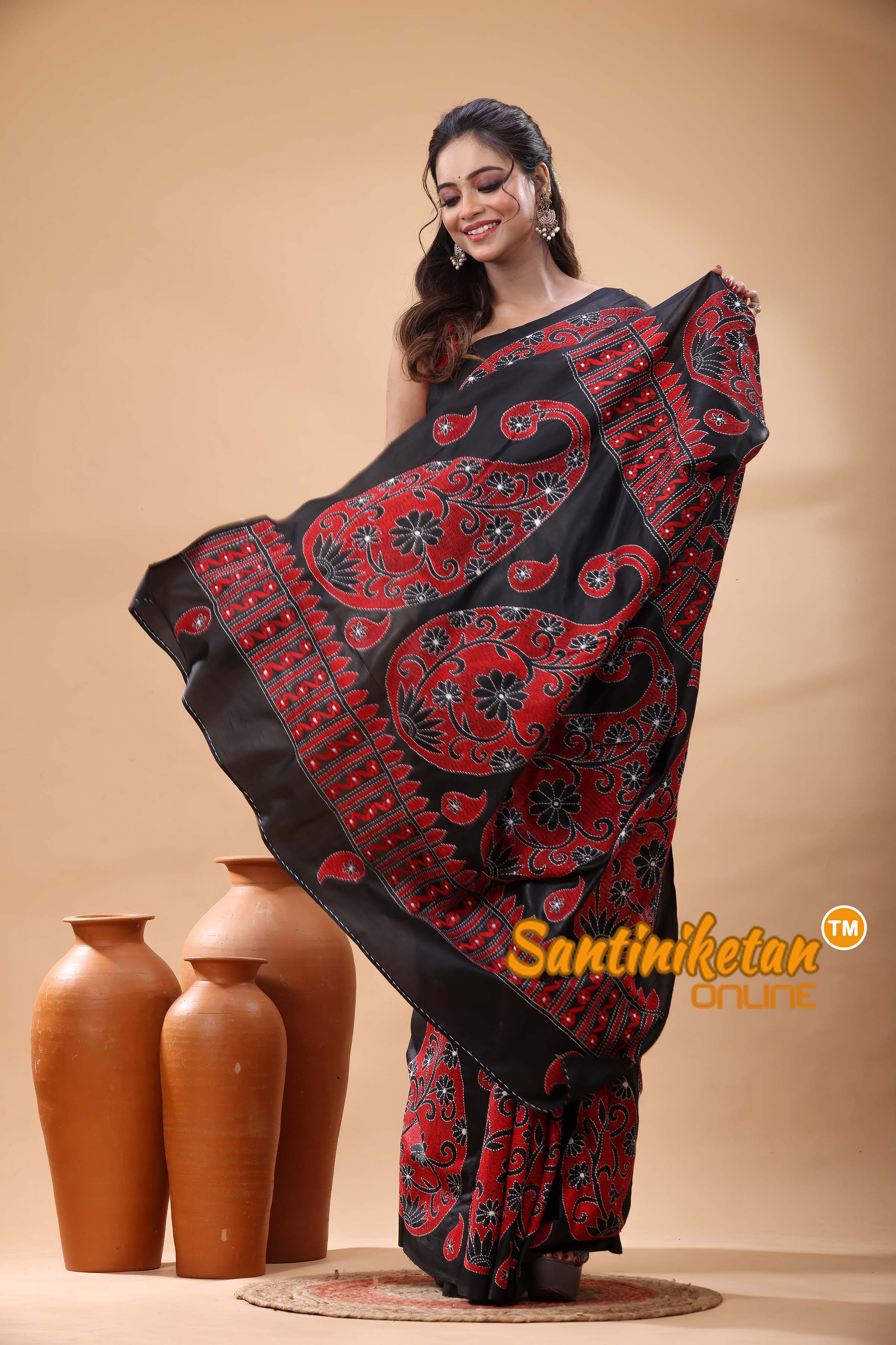 Pure Bangalore Silk Kantha Stitch Saree