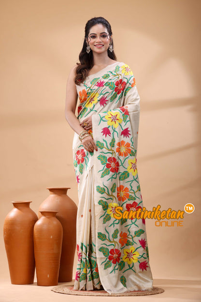 Pure Gachi Tussar Silk Kantha Stitch Saree