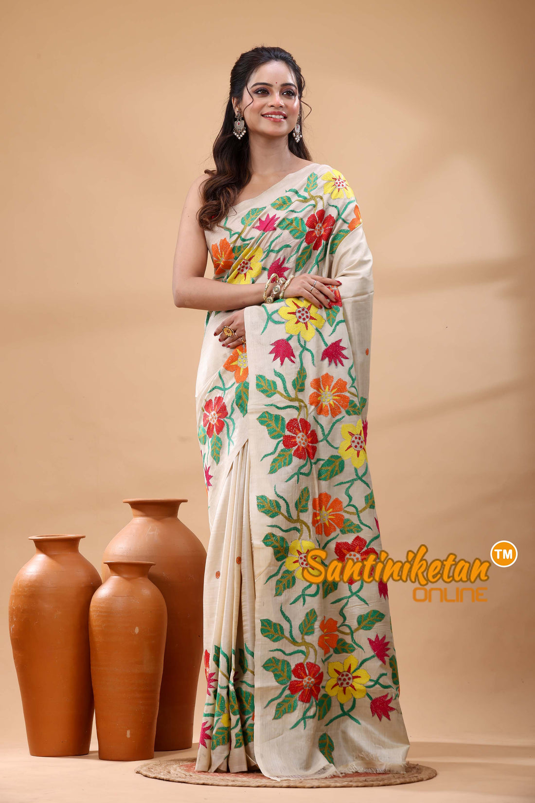 Pure Gachi Tussar Silk Kantha Stitch Saree