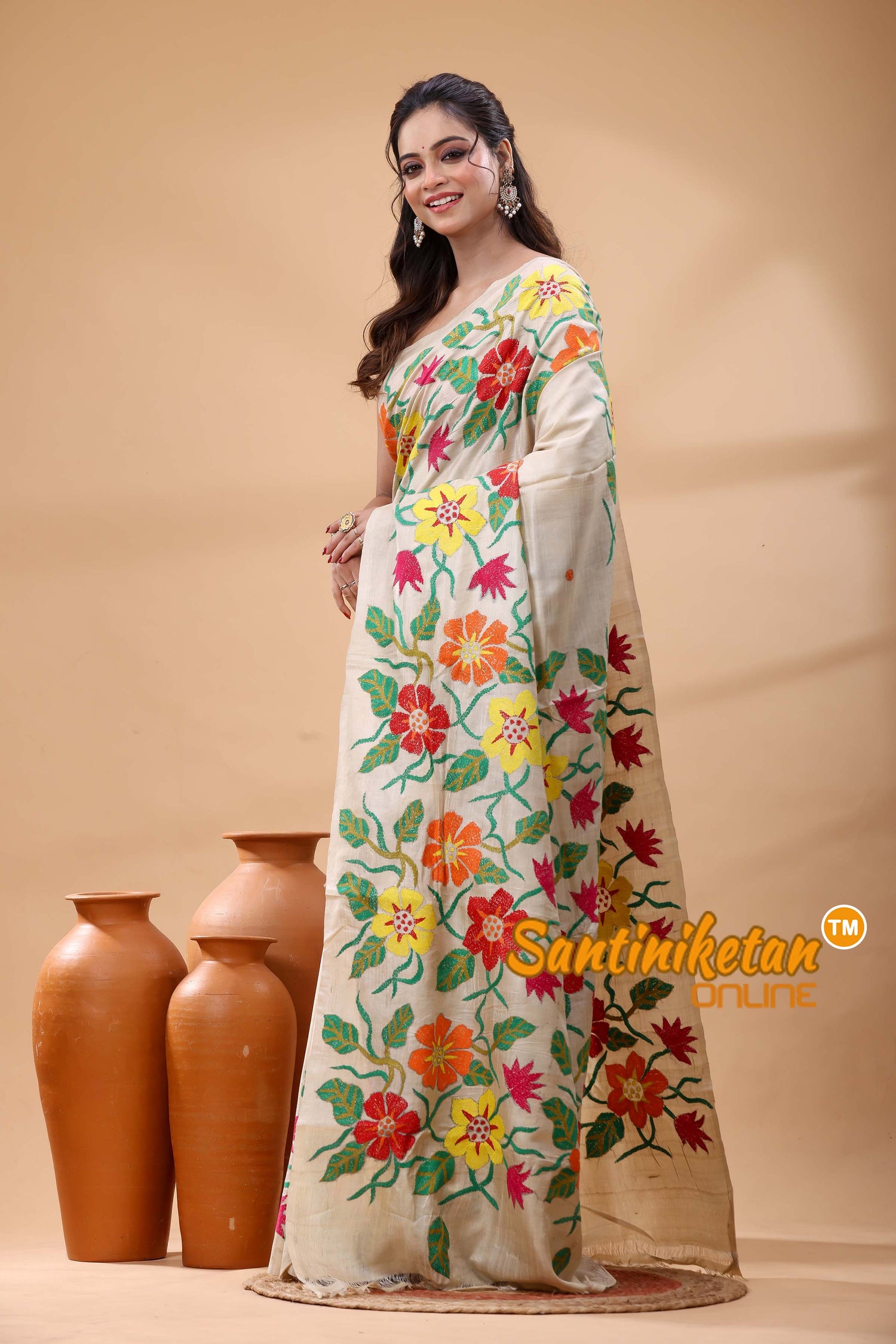 Pure Gachi Tussar Silk Kantha Stitch Saree