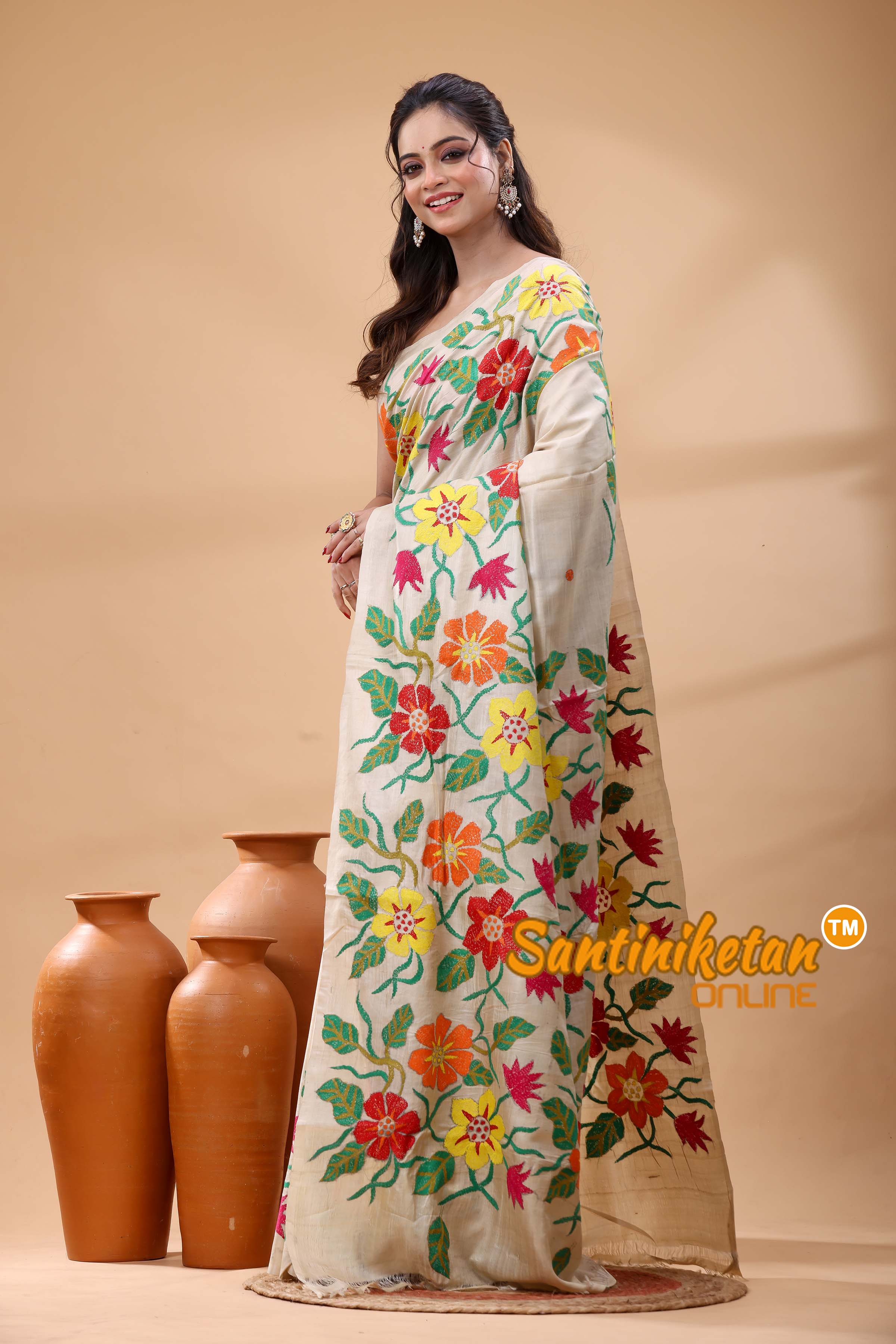 Pure Gachi Tussar Silk Kantha Stitch Saree
