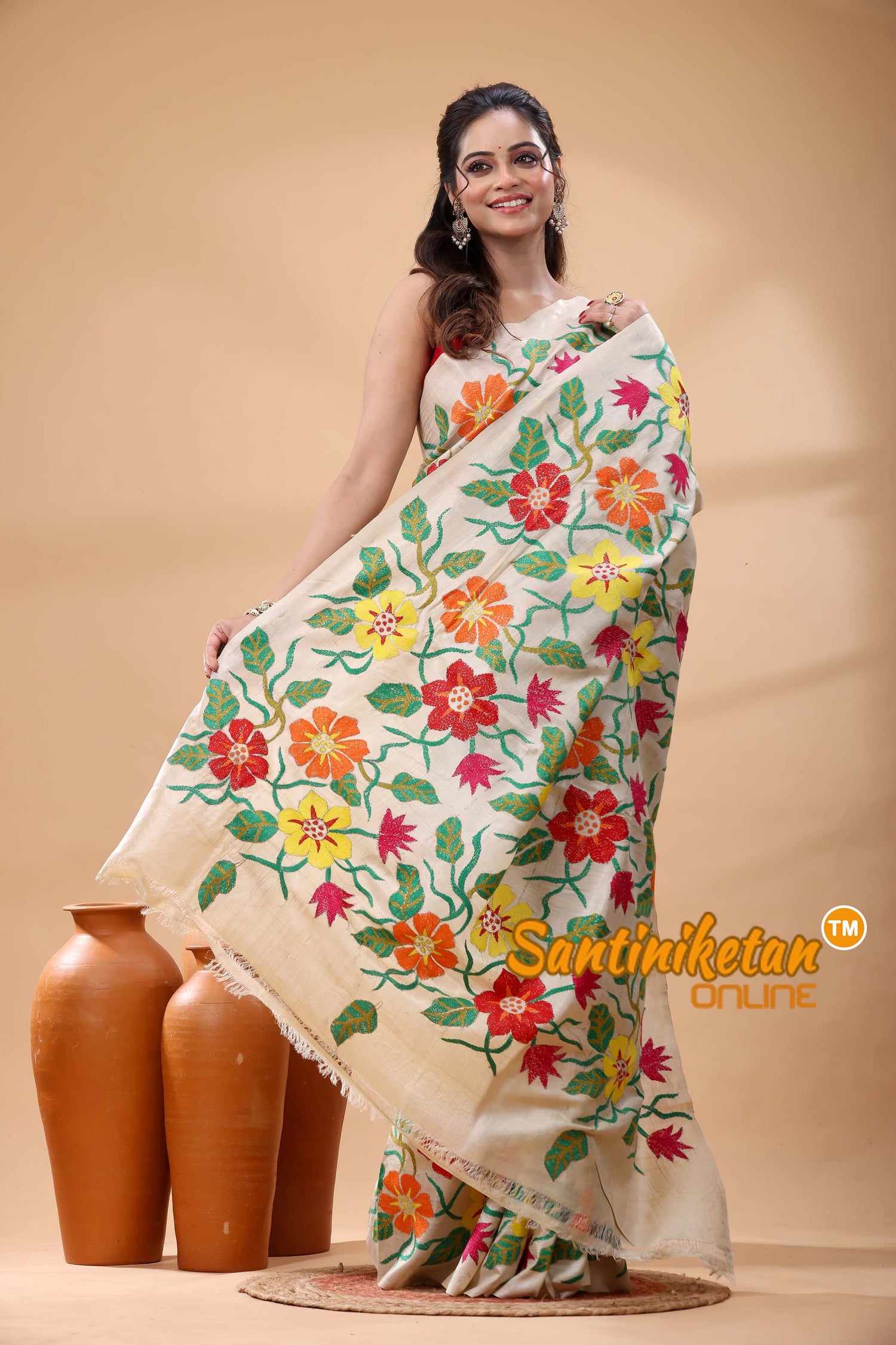 Pure Gachi Tussar Silk Kantha Stitch Saree