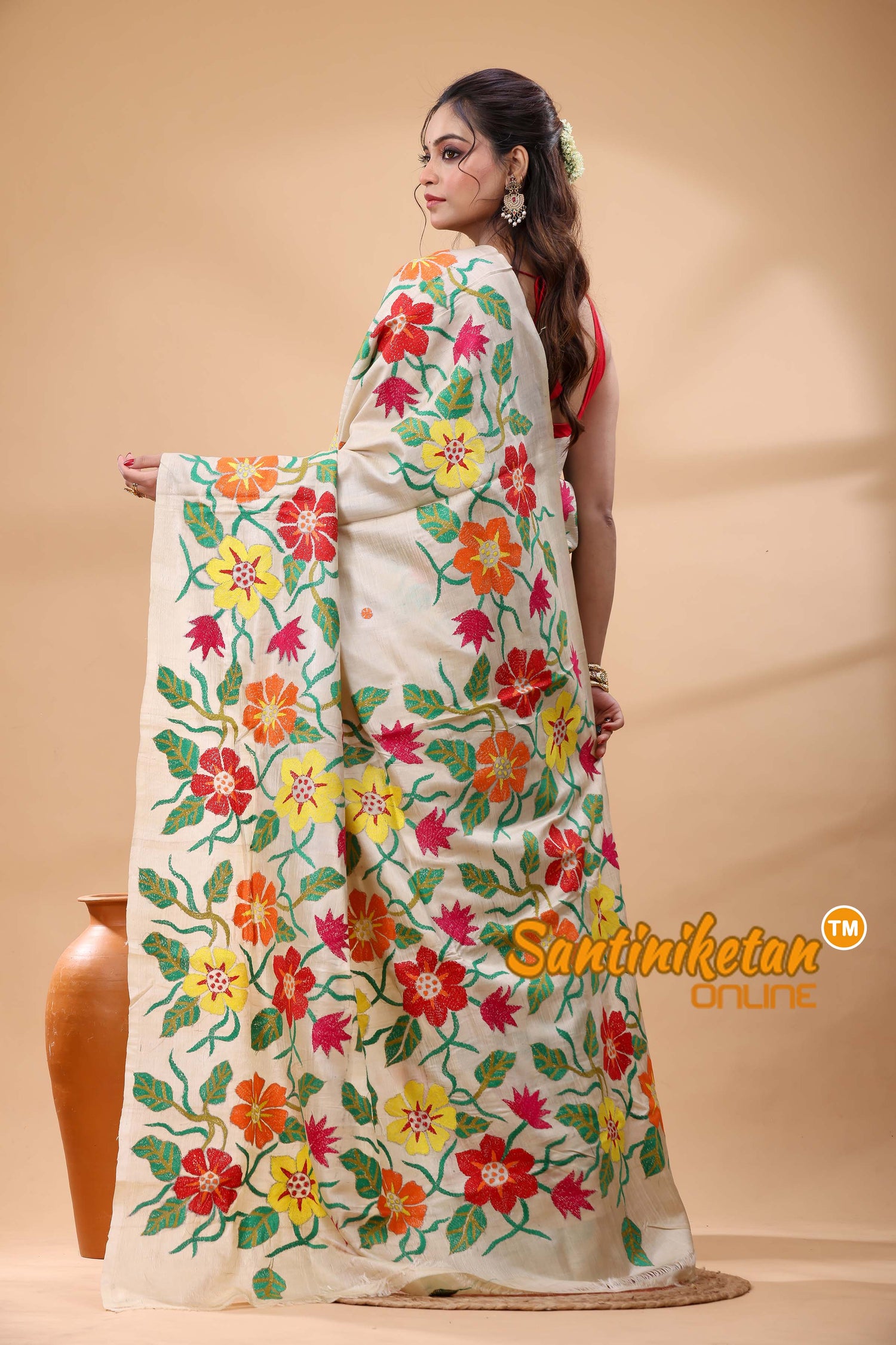 Pure Gachi Tussar Silk Kantha Stitch Saree