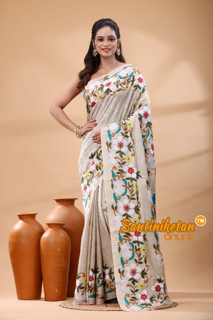 Pure Gachi Tussar Silk Kantha Stitch Saree