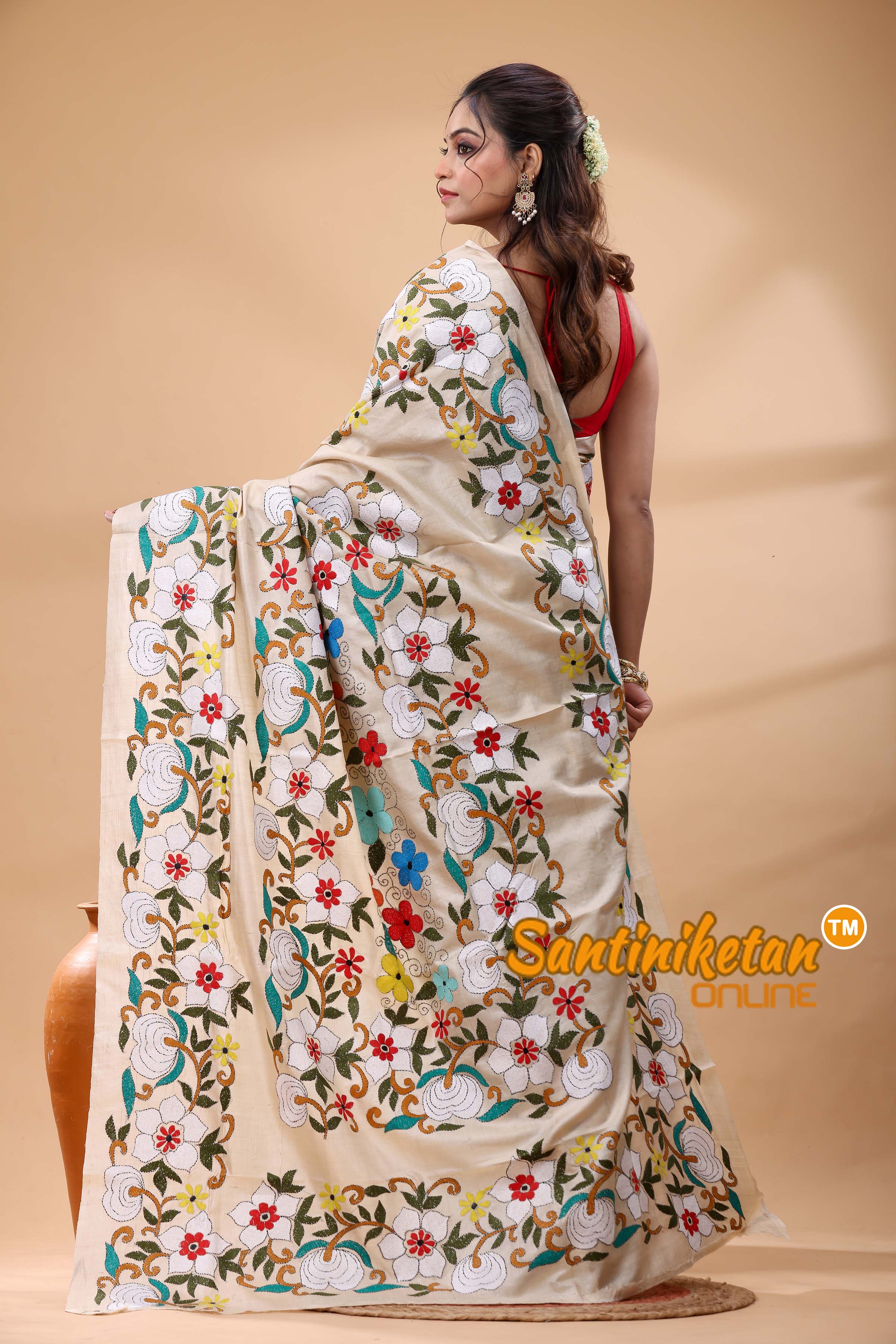 Pure Gachi Tussar Silk Kantha Stitch Saree