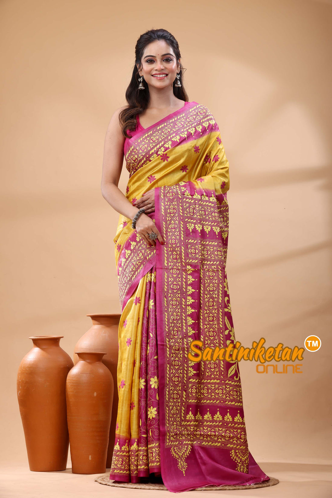 Pure Gachi Dye Tussar Silk Kantha Stitch Saree