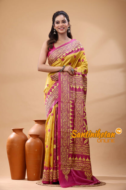 Pure Gachi Dye Tussar Silk Kantha Stitch Saree