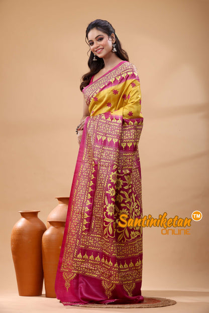 Pure Gachi Dye Tussar Silk Kantha Stitch Saree