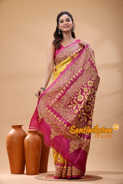 Pure Gachi Dye Tussar Silk Kantha Stitch Saree