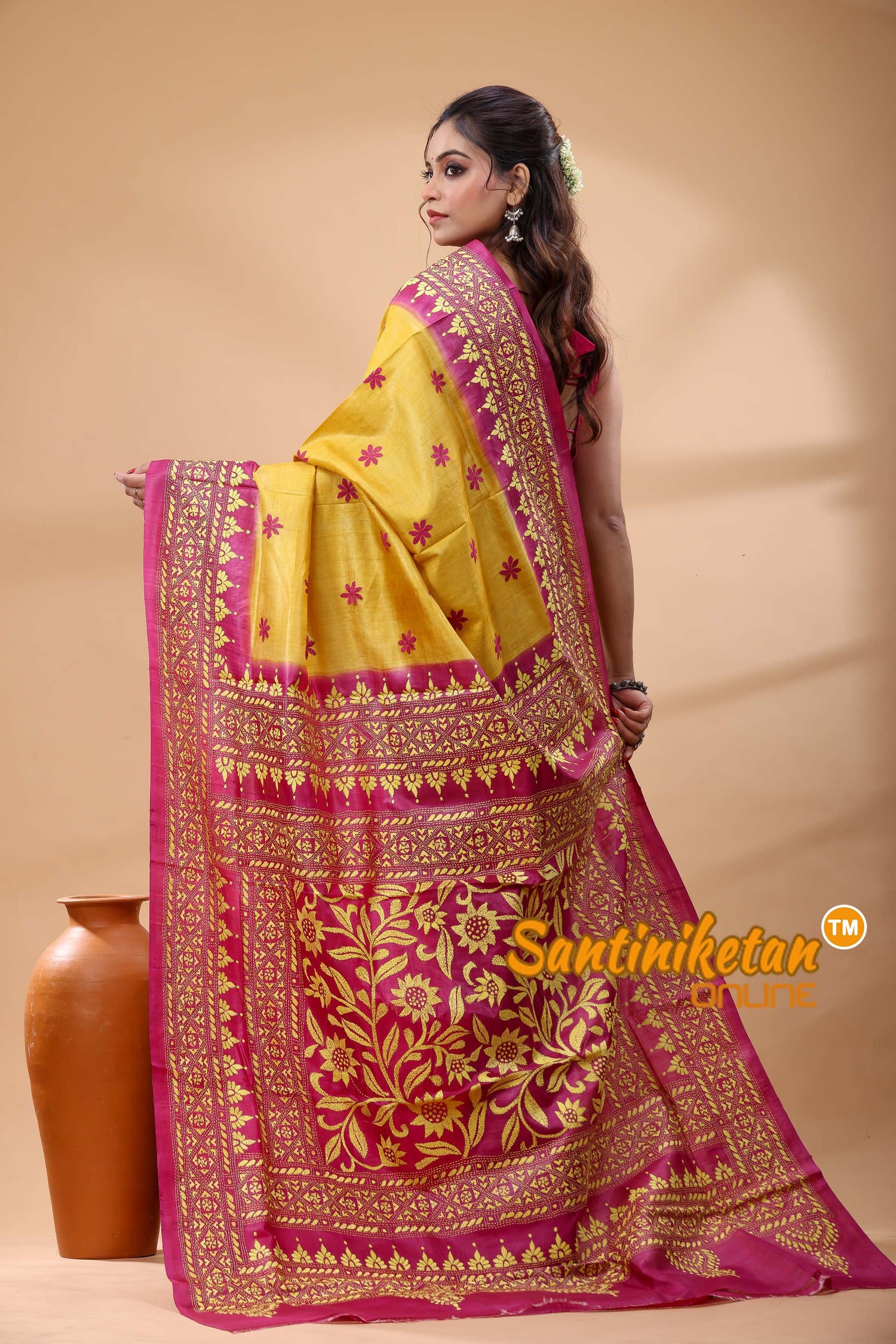 Pure Gachi Dye Tussar Silk Kantha Stitch Saree