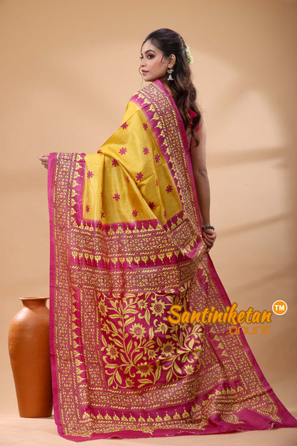 Pure Gachi Dye Tussar Silk Kantha Stitch Saree