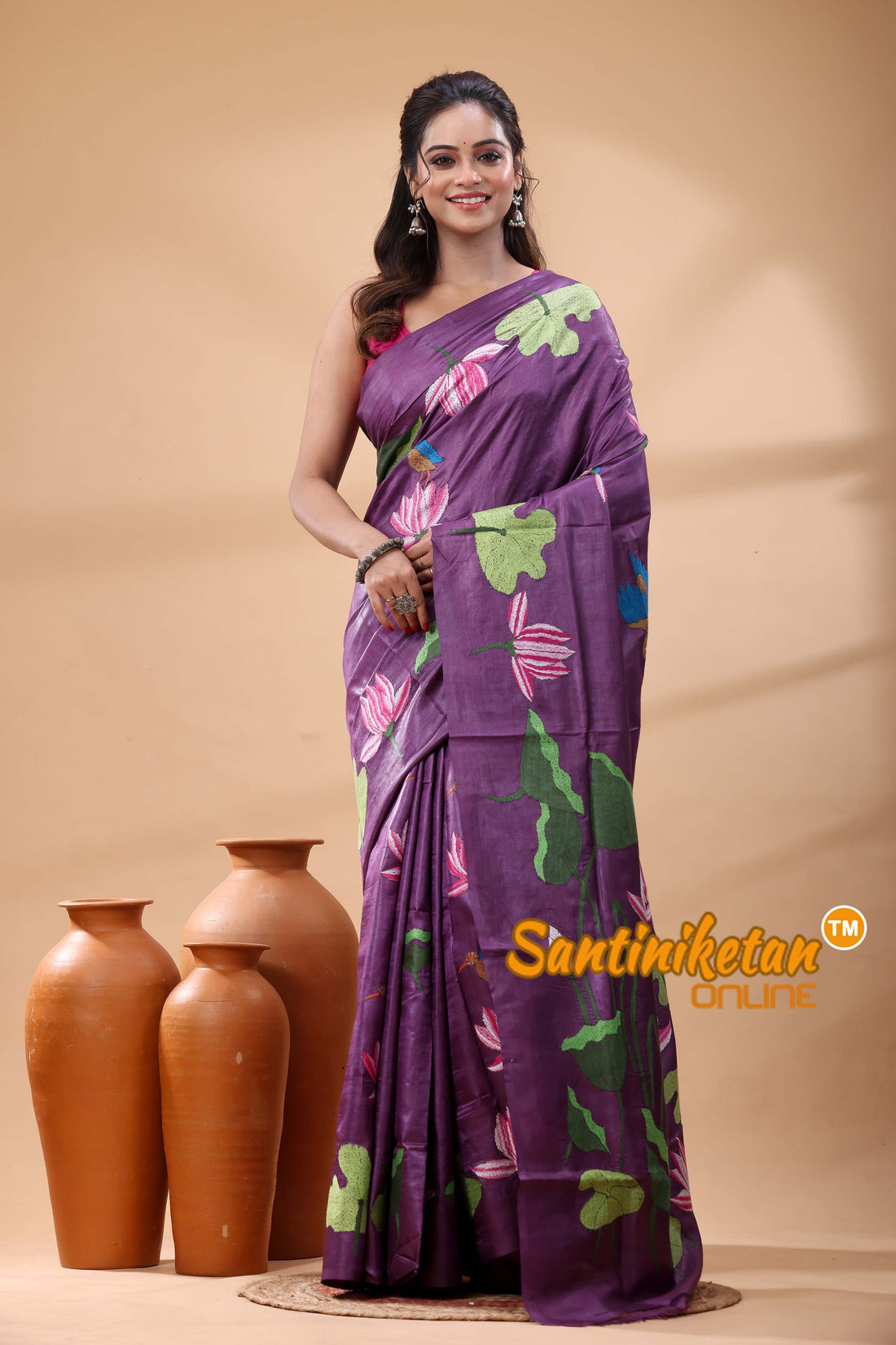 Pure Gachi Dye Tussar Silk Kantha Stitch Saree