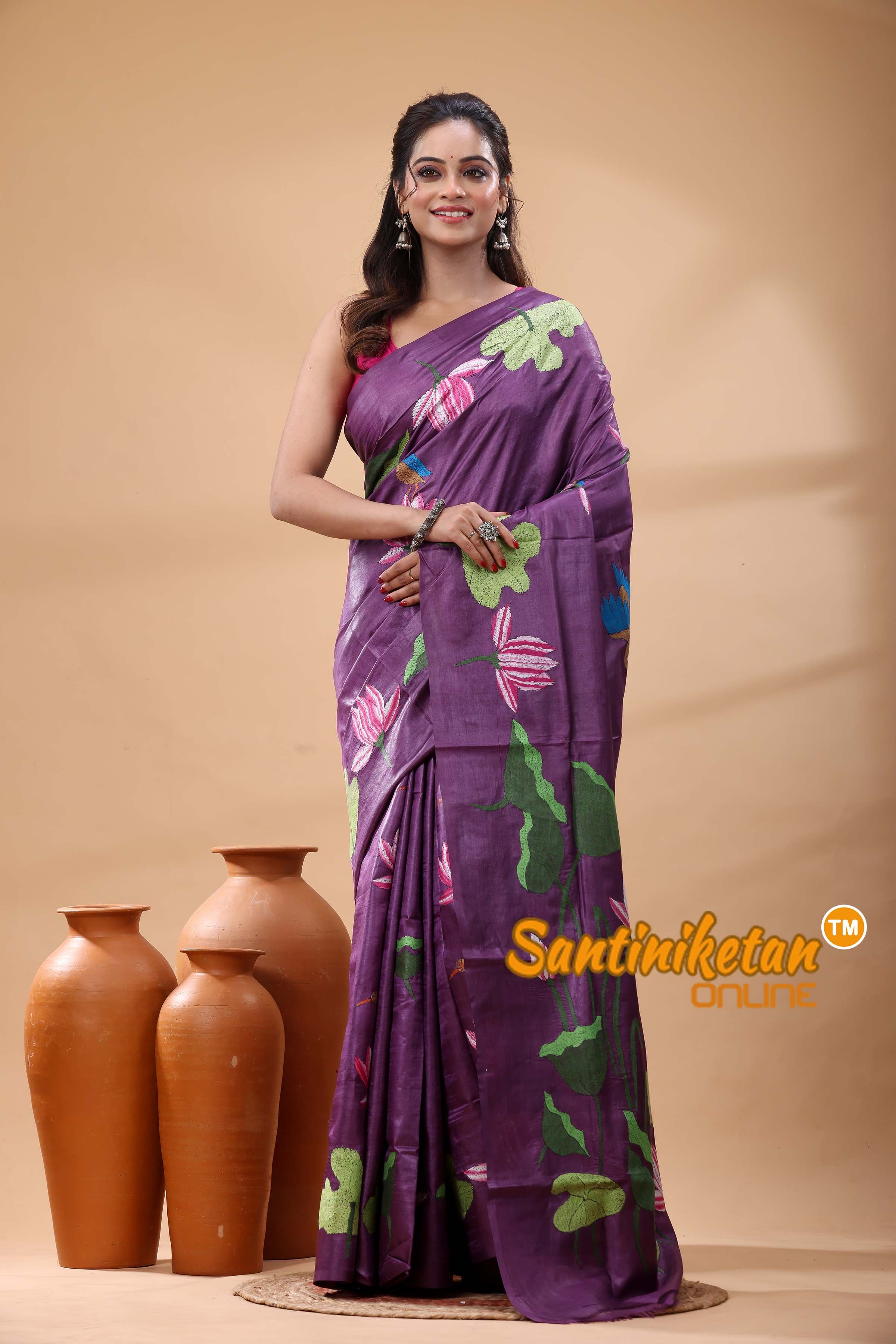 Pure Gachi Dye Tussar Silk Kantha Stitch Saree