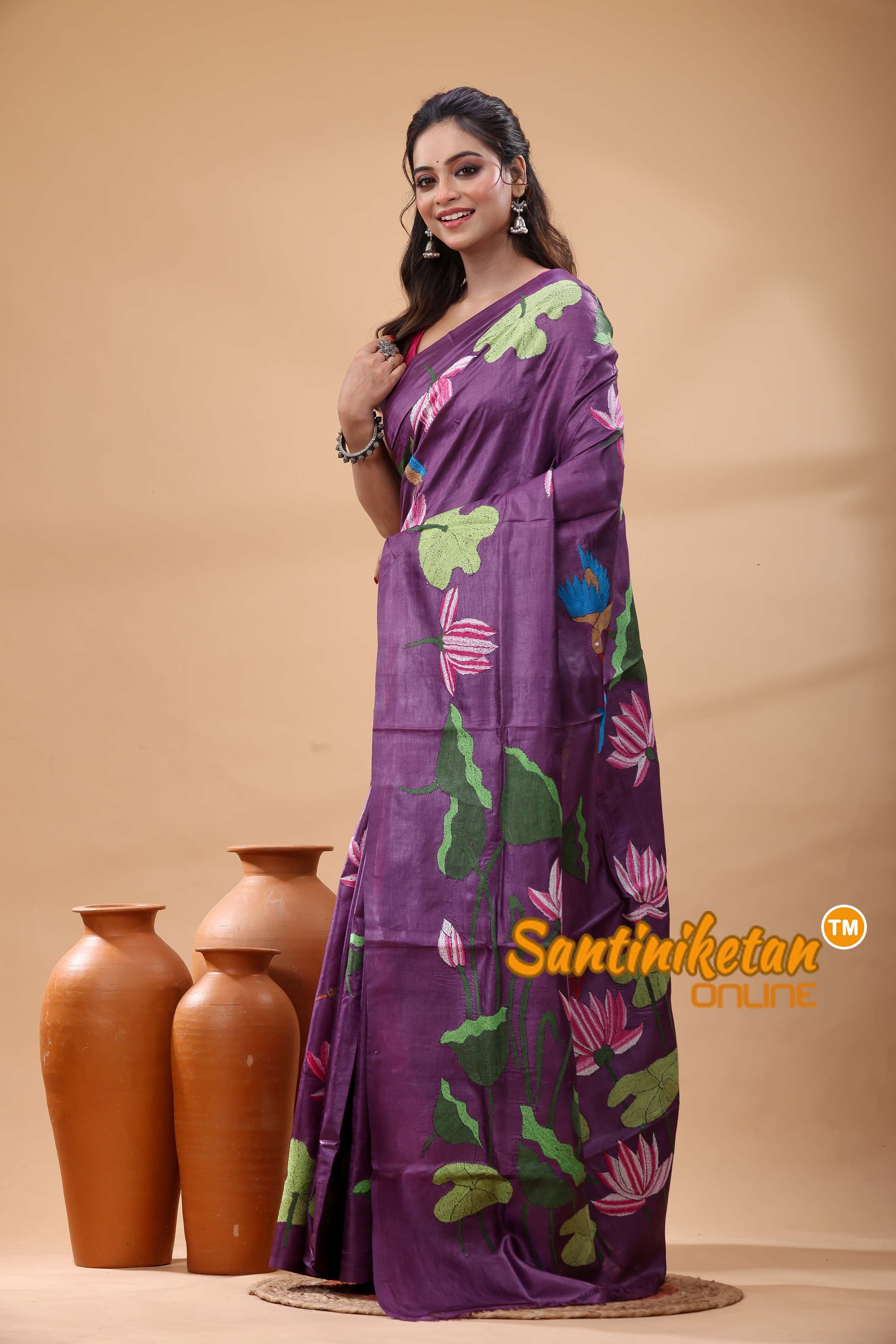 Pure Gachi Dye Tussar Silk Kantha Stitch Saree