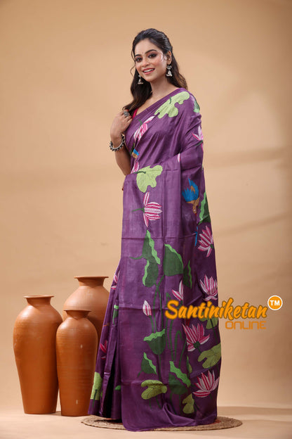 Pure Gachi Dye Tussar Silk Kantha Stitch Saree