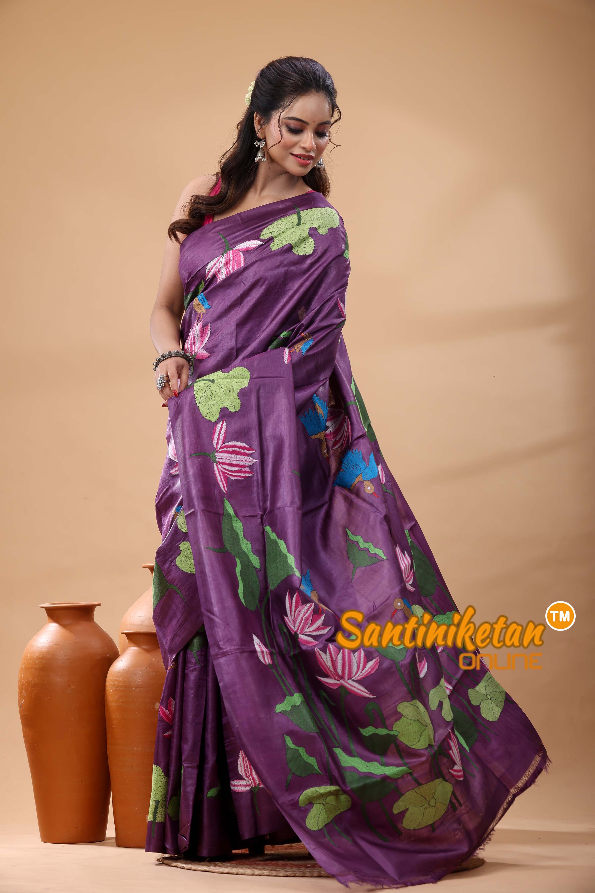 Pure Gachi Dye Tussar Silk Kantha Stitch Saree