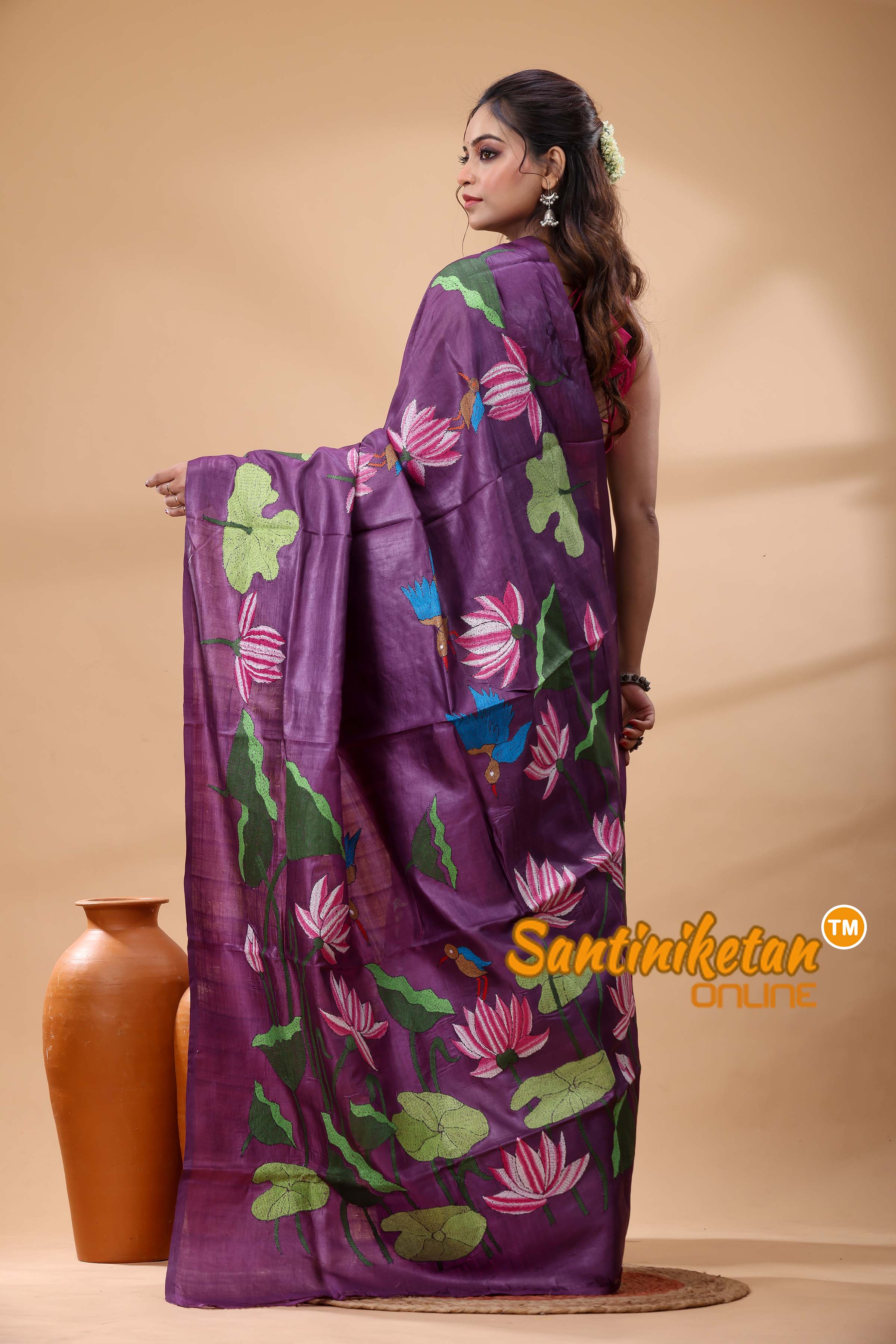 Pure Gachi Dye Tussar Silk Kantha Stitch Saree