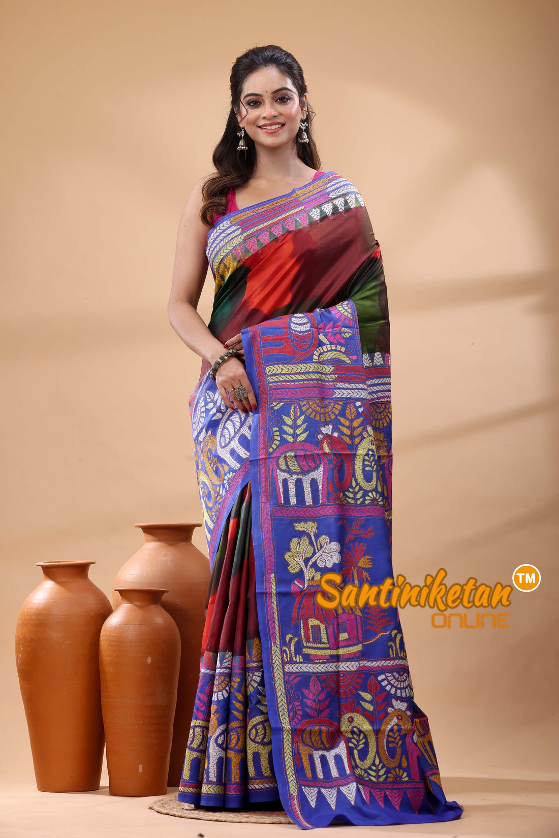 Pure Bangalore Silk Kantha Stitch Saree