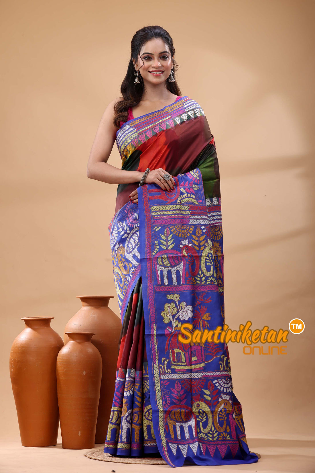 Pure Bangalore Silk Kantha Stitch Saree