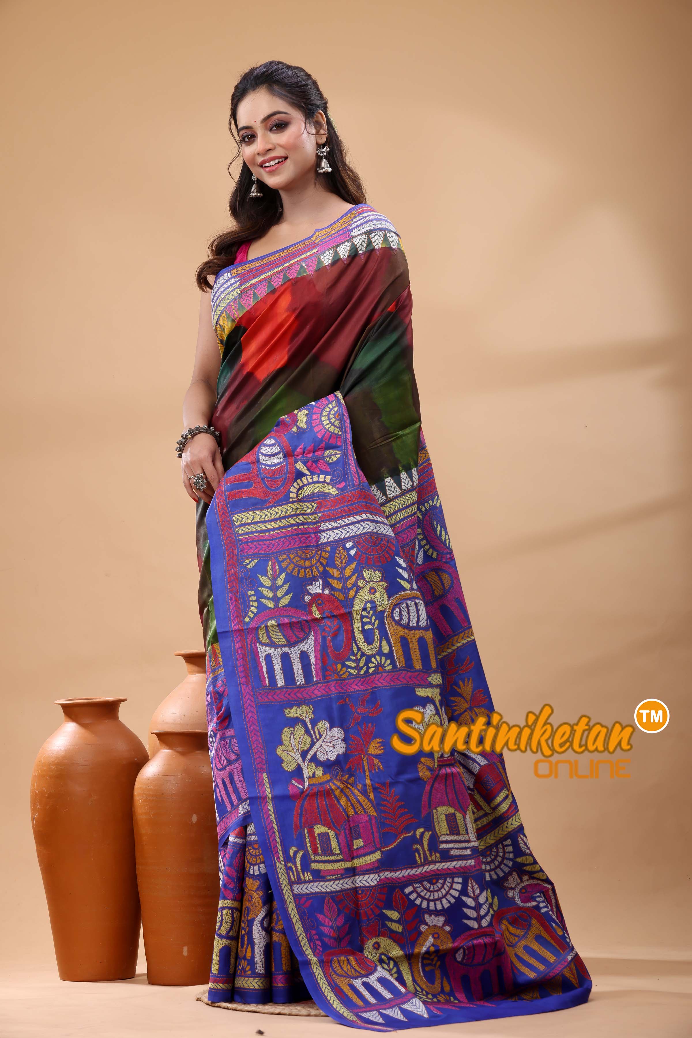 Pure Bangalore Silk Kantha Stitch Saree