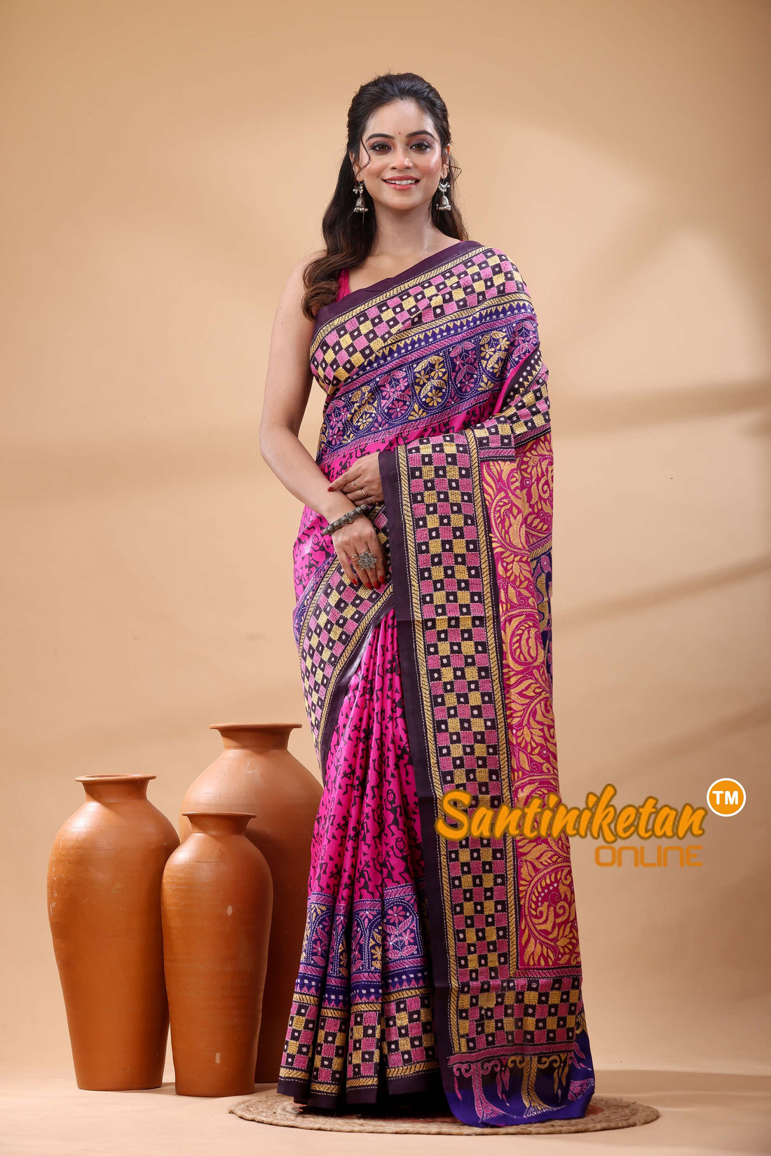 Pure Bangalore Silk Kantha Stitch Saree