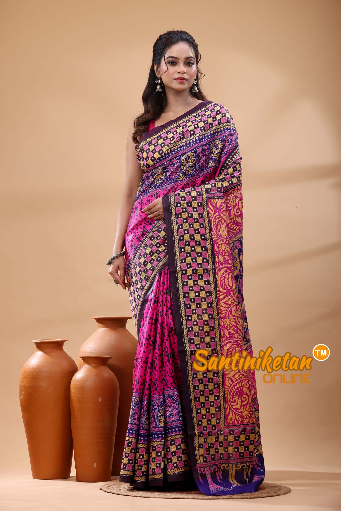 Pure Bangalore Silk Kantha Stitch Saree