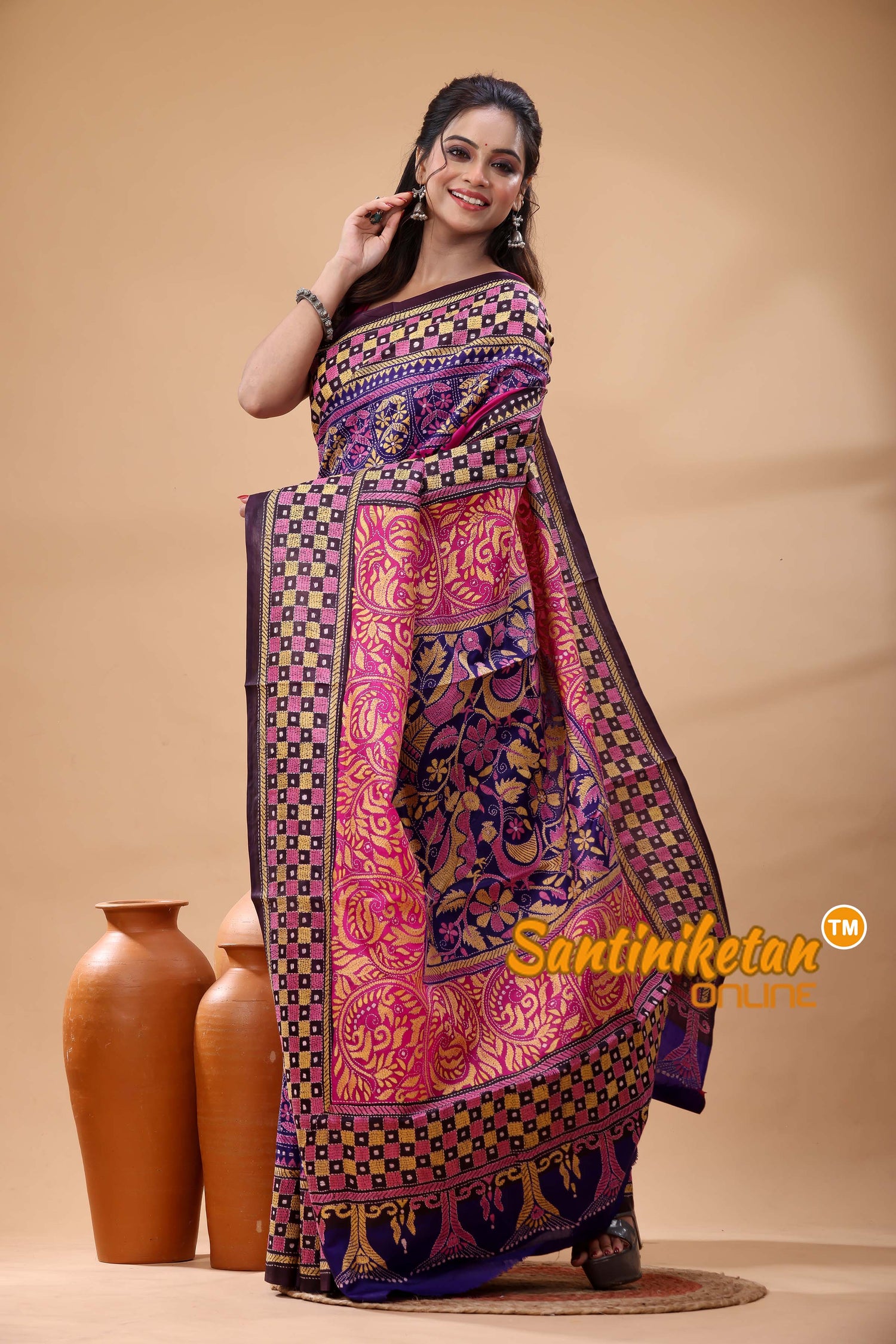 Pure Bangalore Silk Kantha Stitch Saree