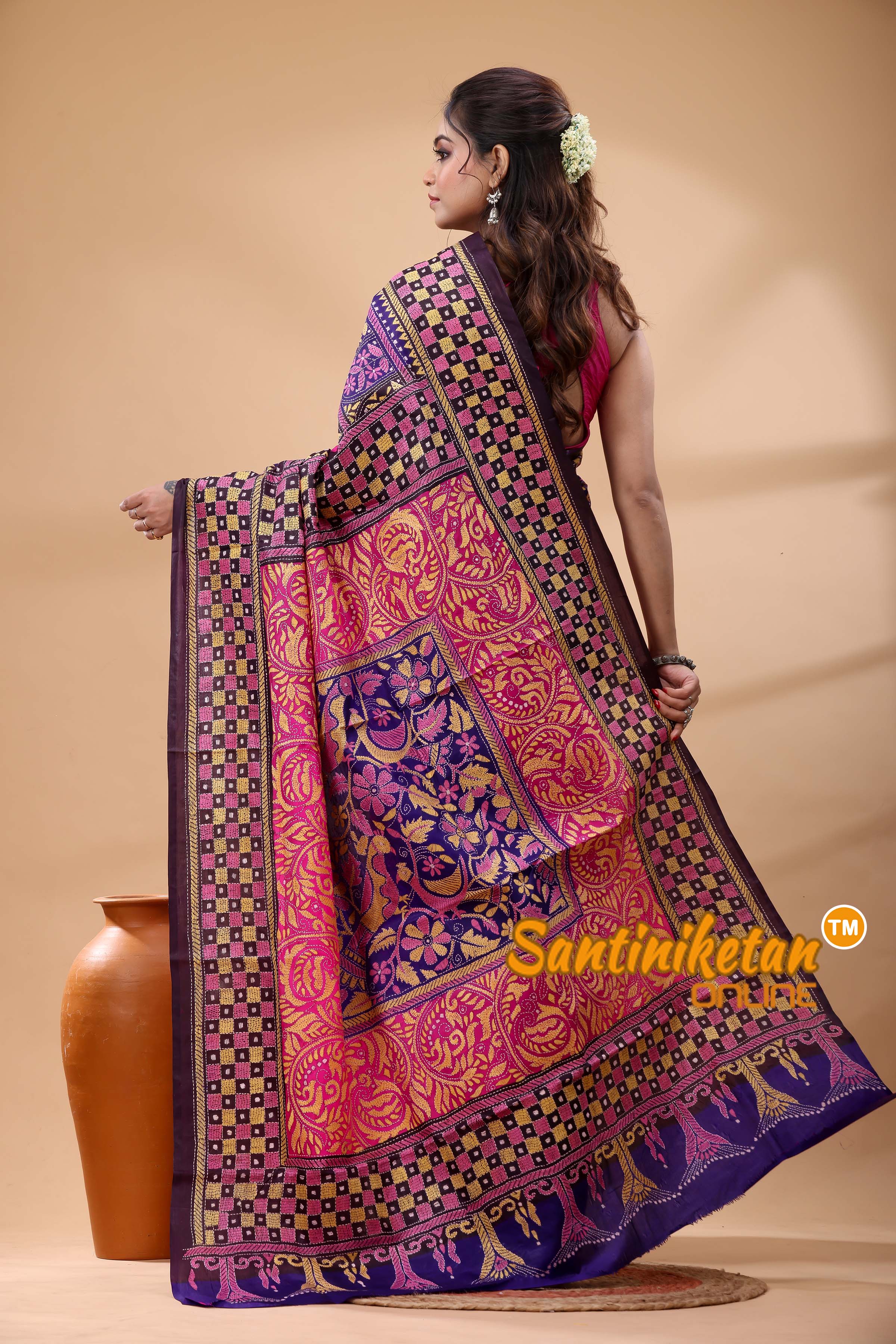 Pure Bangalore Silk Kantha Stitch Saree