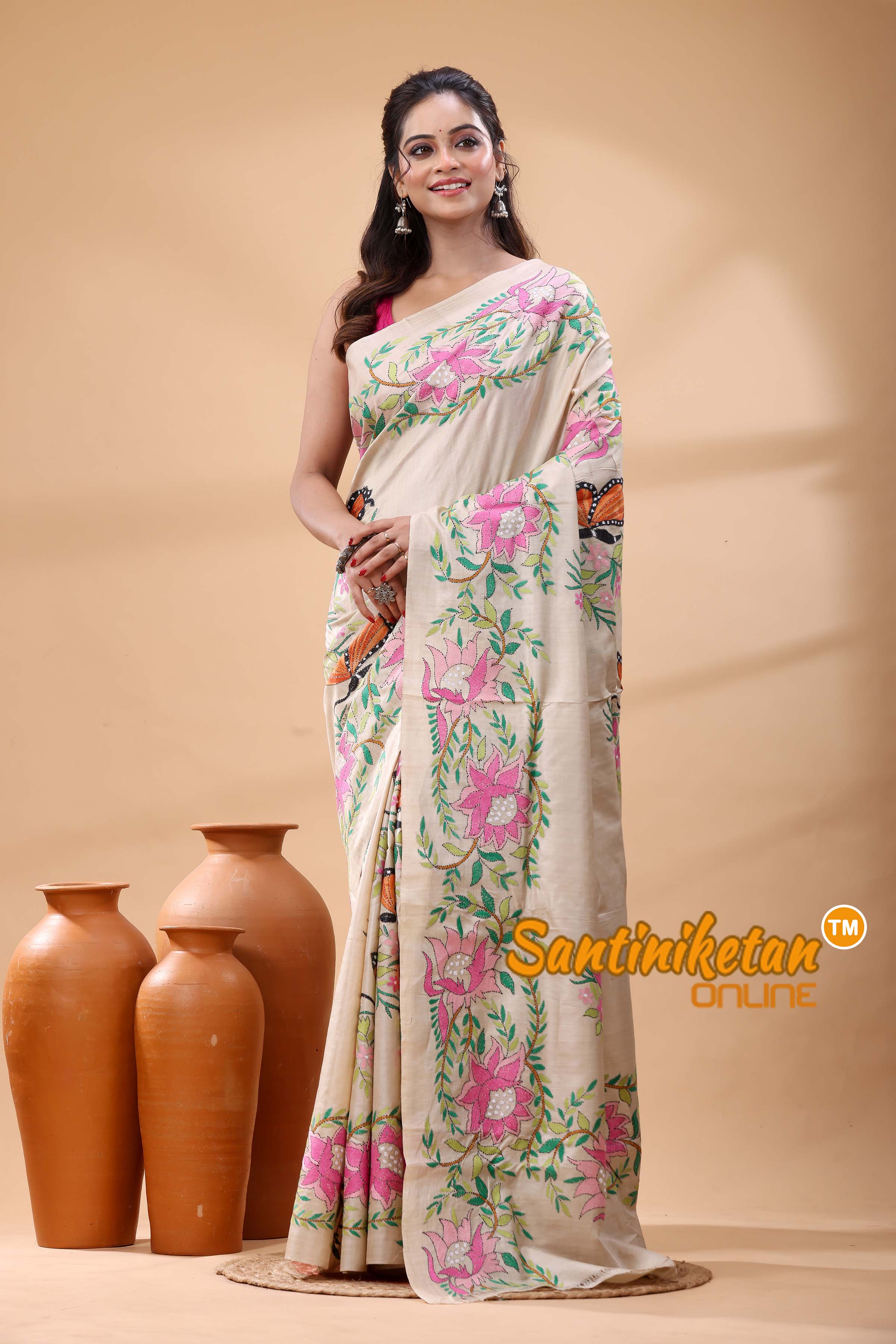 Pure Gachi Tussar Silk Kantha Stitch Saree