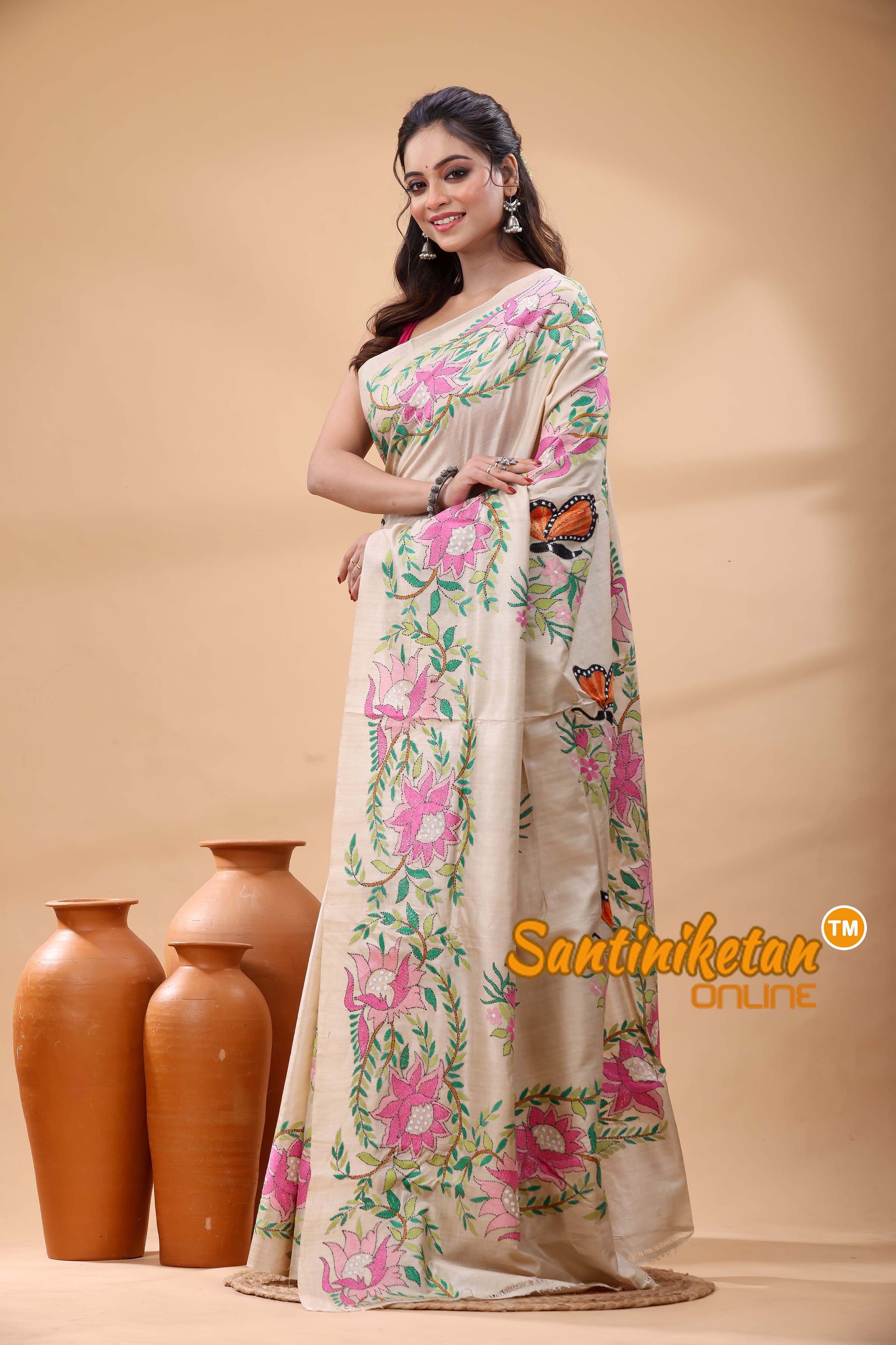 Pure Gachi Tussar Silk Kantha Stitch Saree