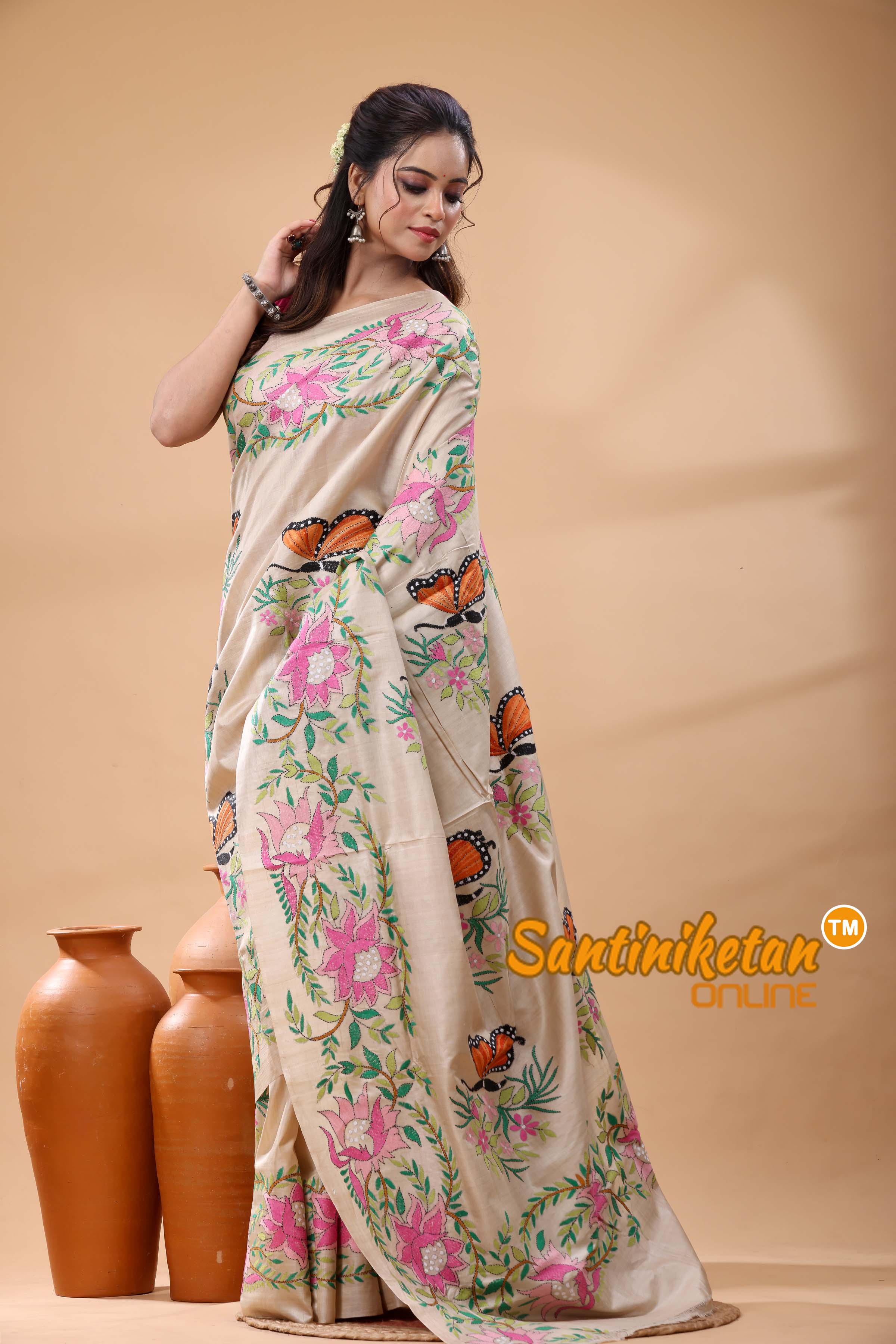 Pure Gachi Tussar Silk Kantha Stitch Saree