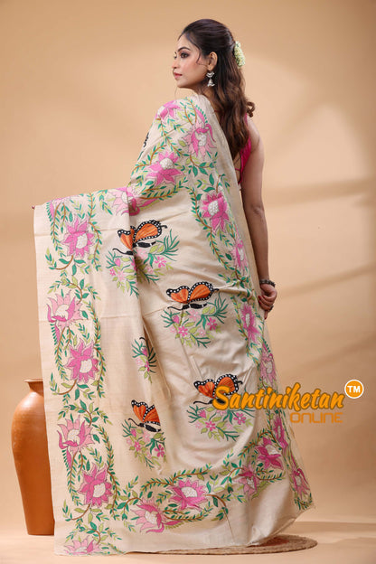 Pure Gachi Tussar Silk Kantha Stitch Saree