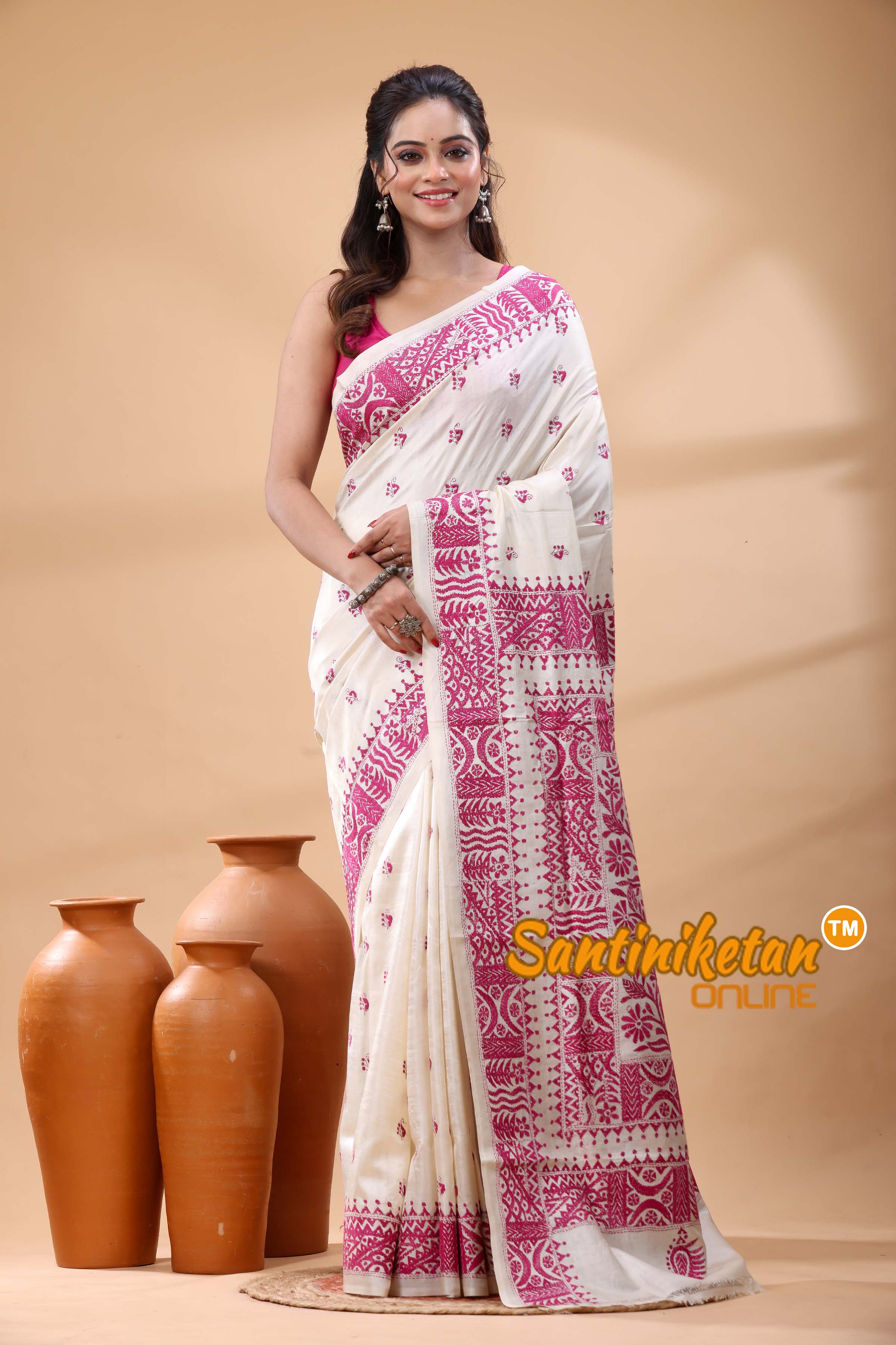 Pure Tussar Silk Kantha Stitch Saree