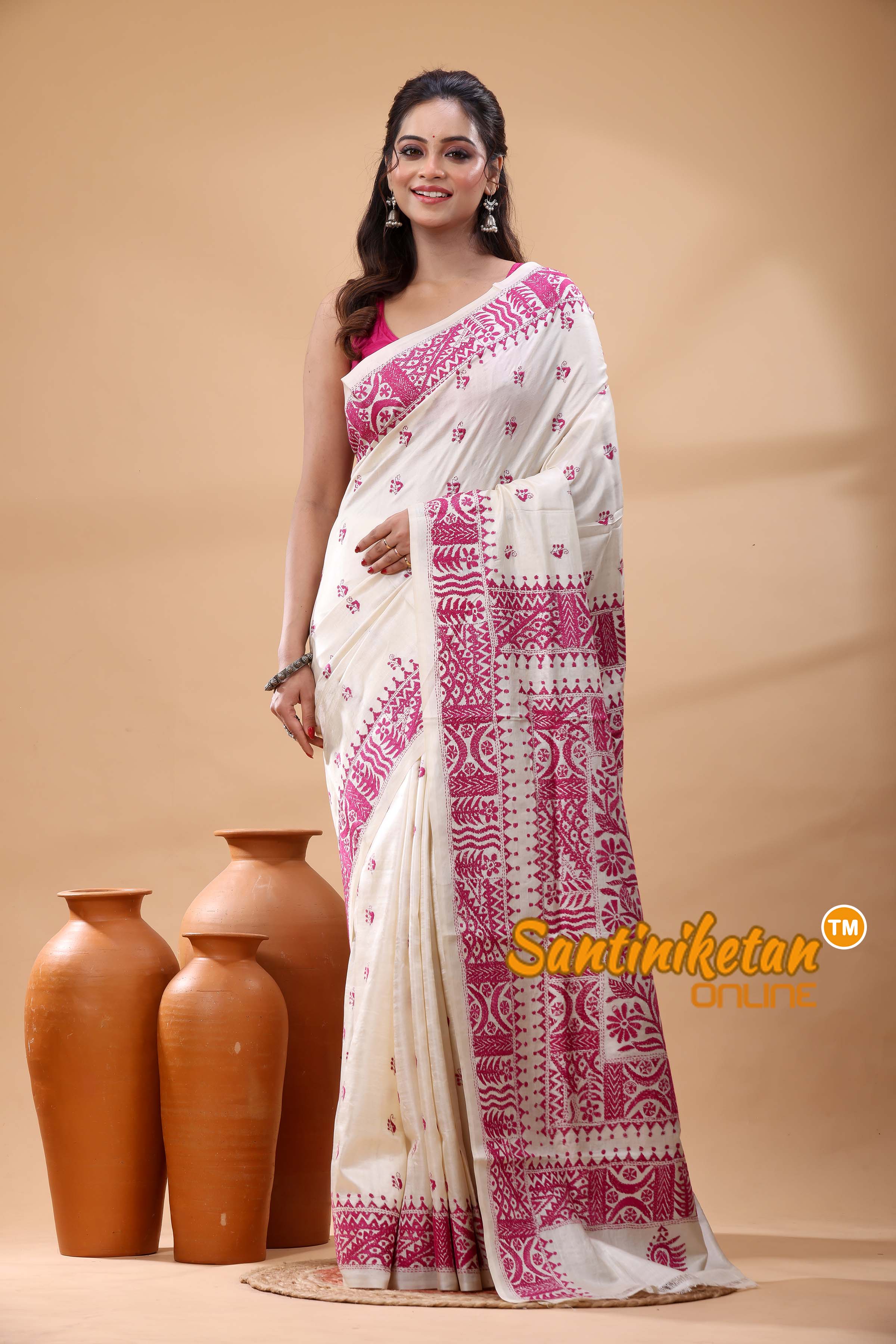 Pure Tussar Silk Kantha Stitch Saree