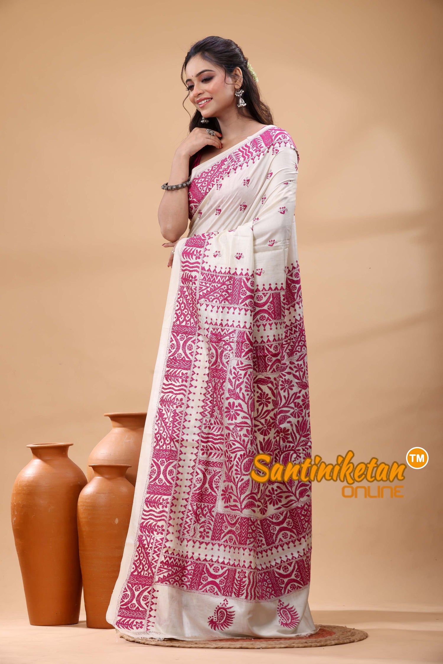 Pure Tussar Silk Kantha Stitch Saree