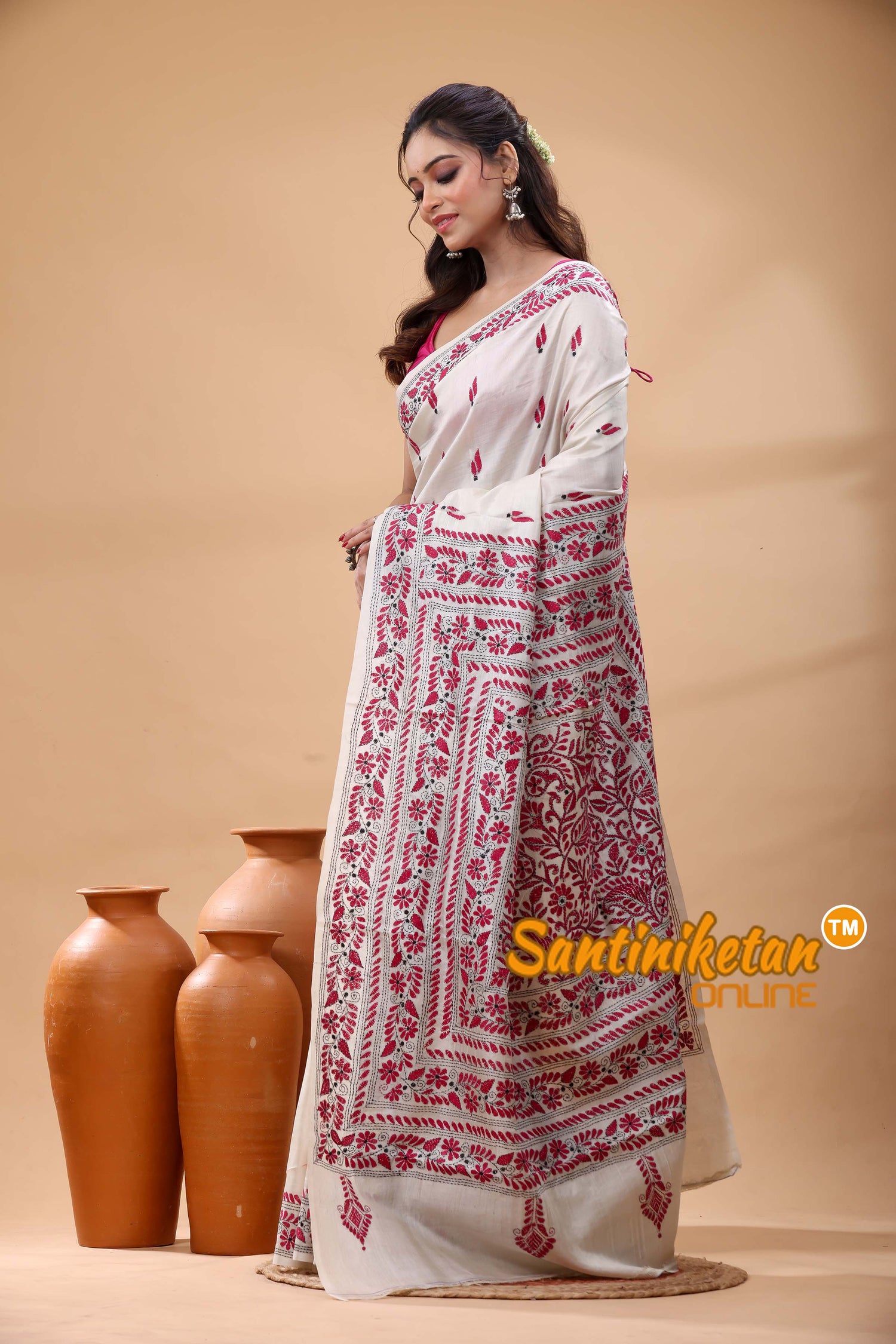 Pure Tussar Silk Kantha Stitch Saree