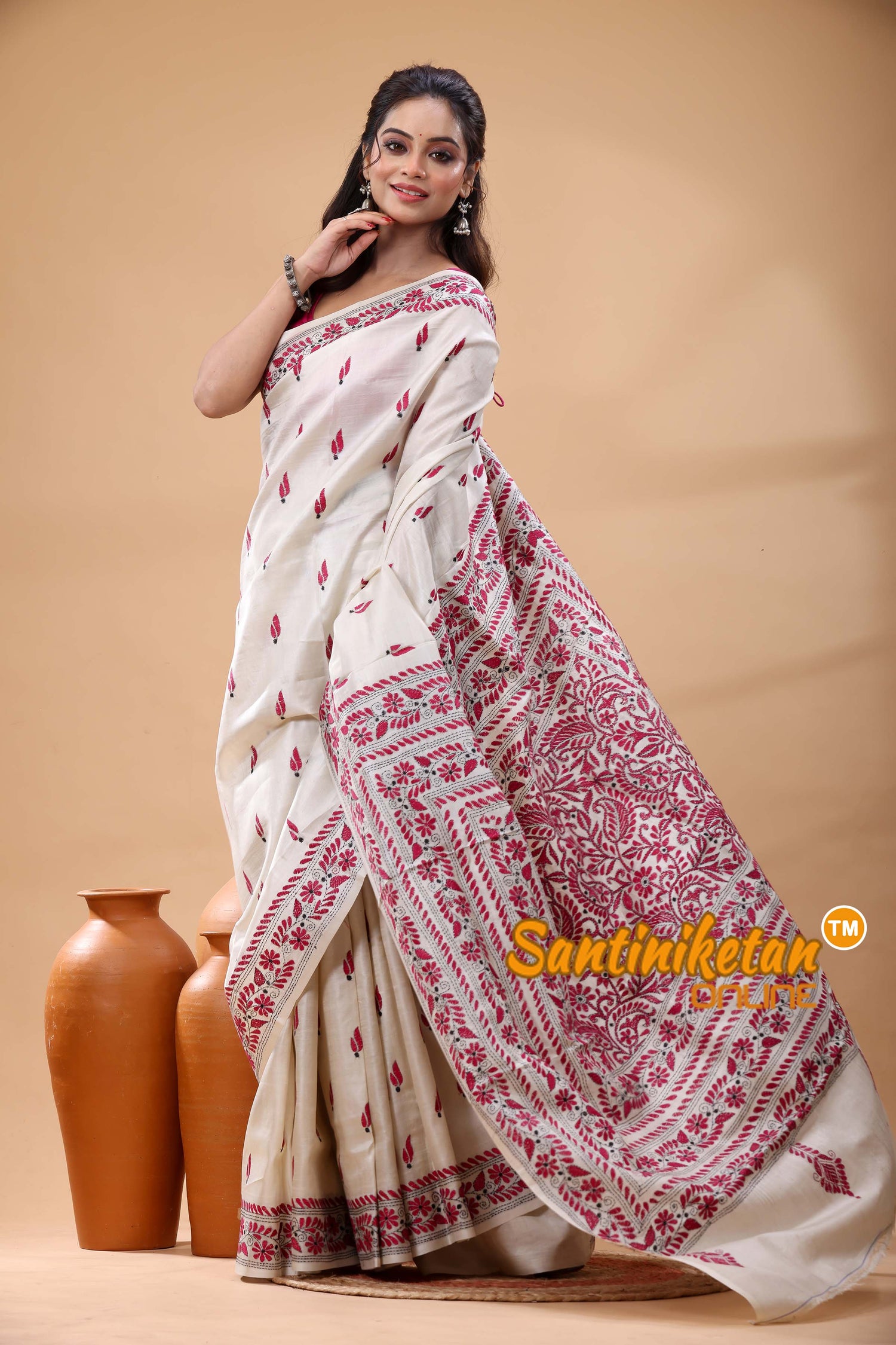 Pure Tussar Silk Kantha Stitch Saree