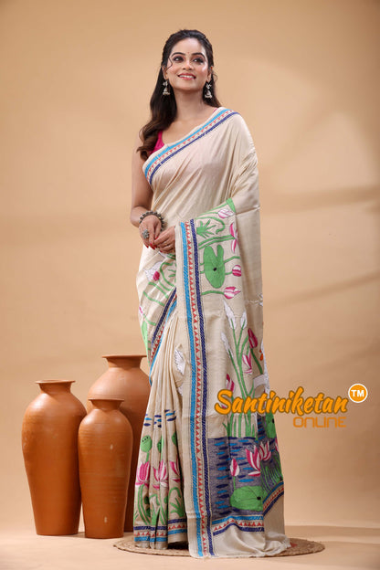Pure Gachi Tussar Silk Kantha Stitch Saree