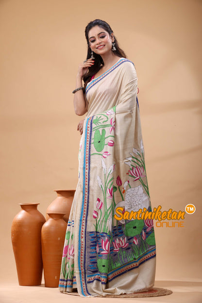 Pure Gachi Tussar Silk Kantha Stitch Saree