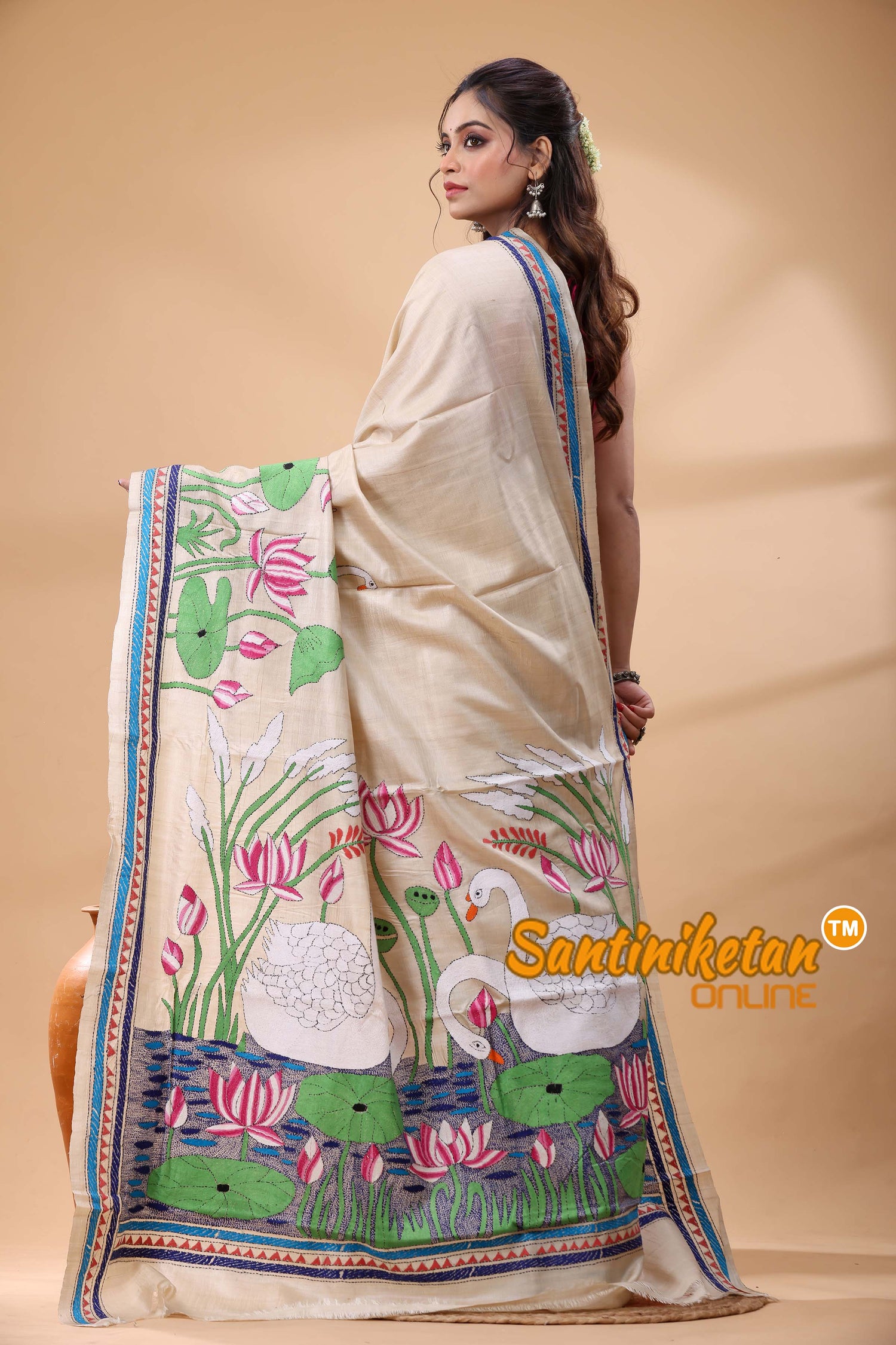 Pure Gachi Tussar Silk Kantha Stitch Saree