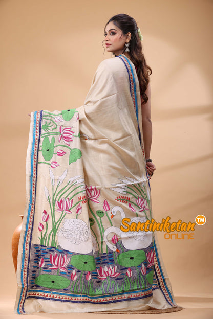 Pure Gachi Tussar Silk Kantha Stitch Saree