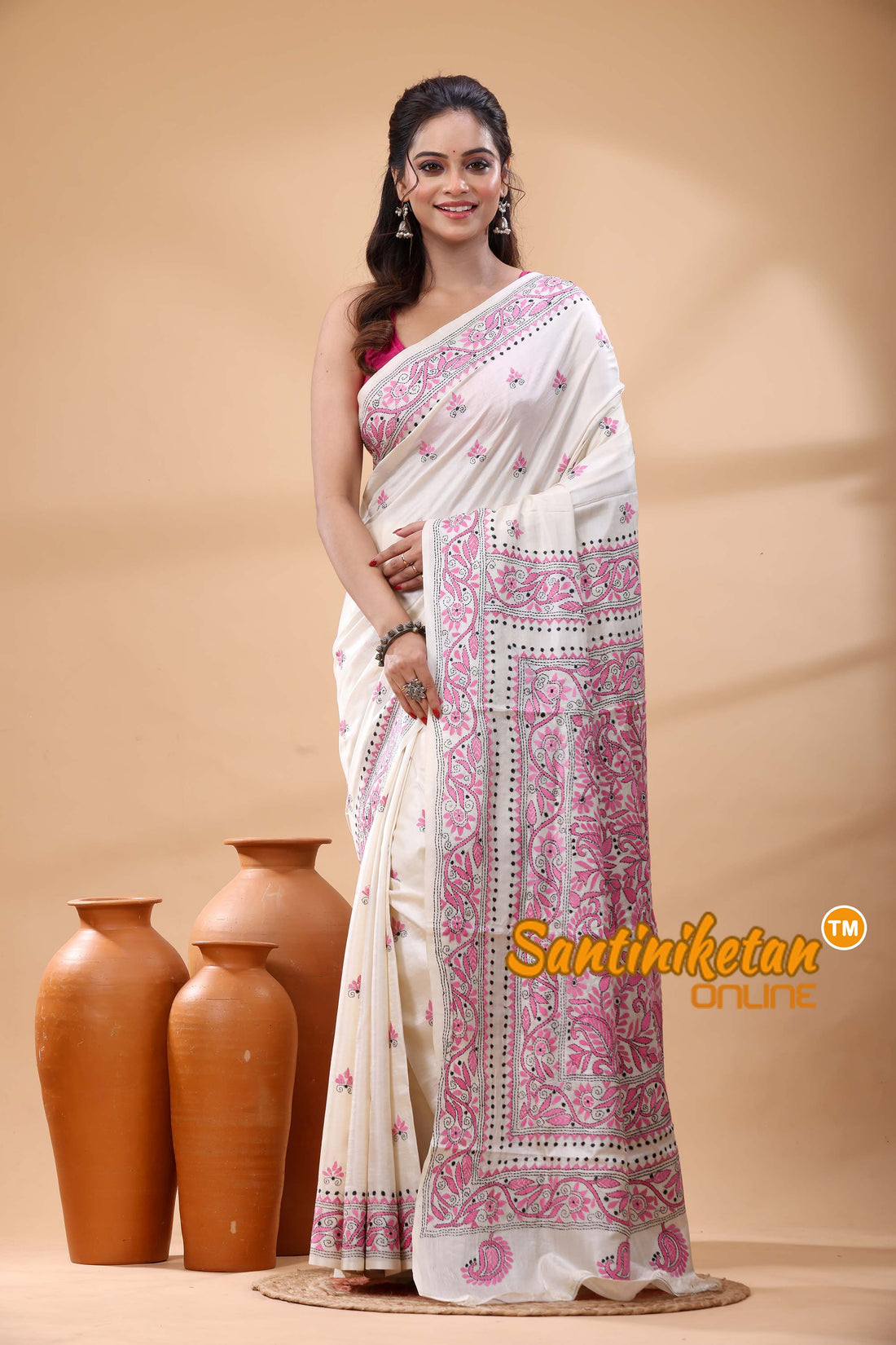 Pure Tussar Silk Kantha Stitch Saree