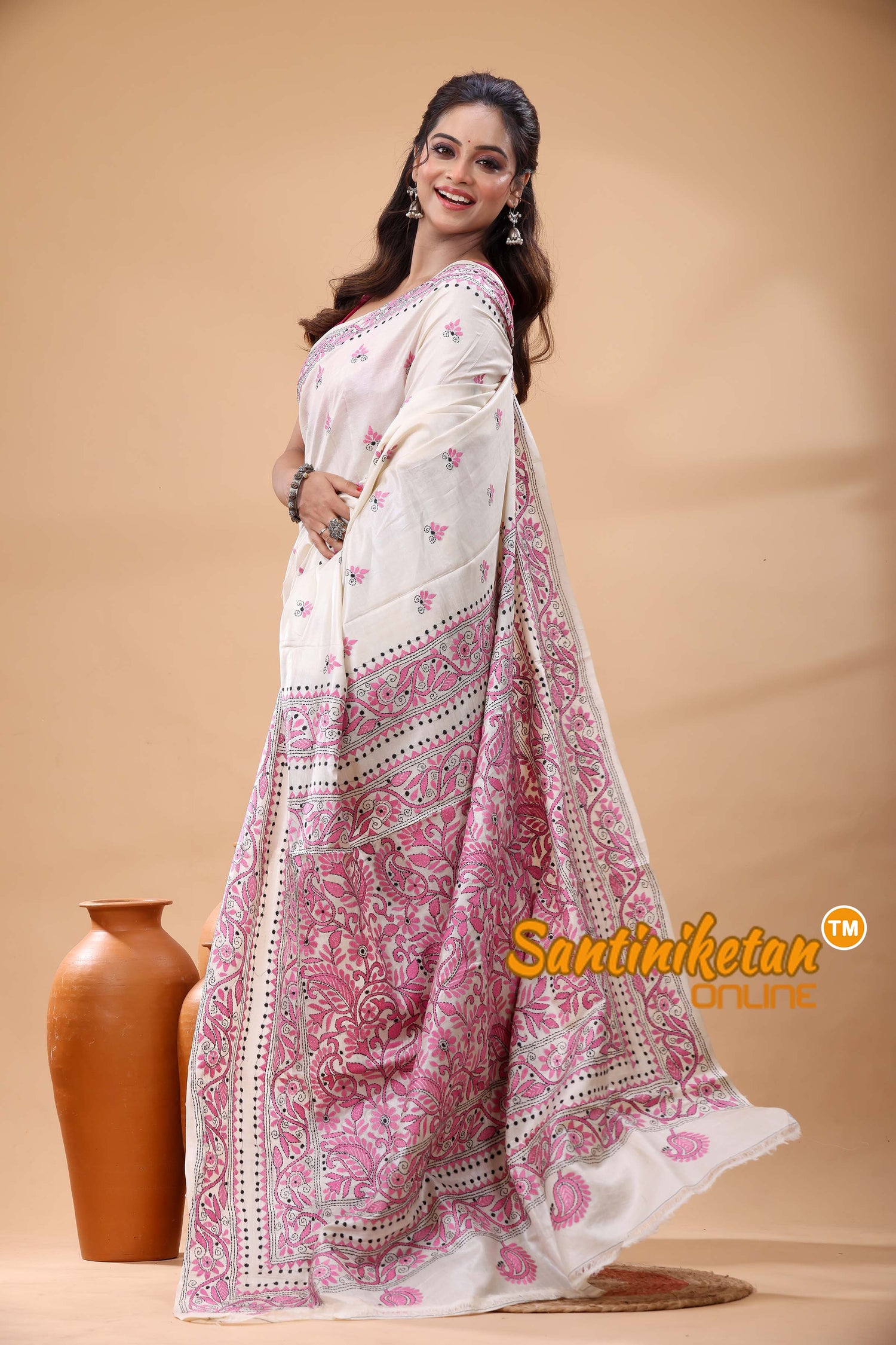 Pure Tussar Silk Kantha Stitch Saree