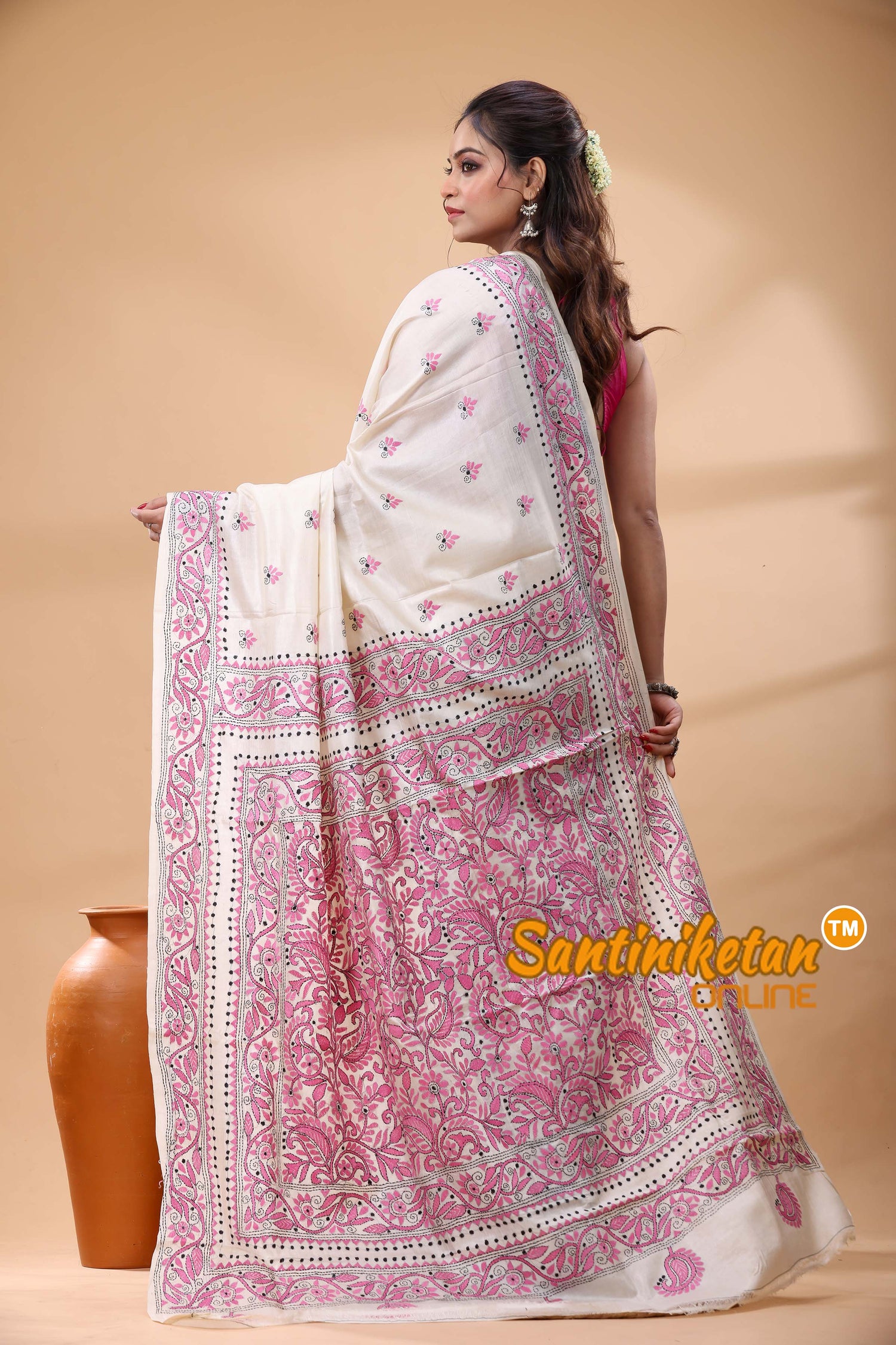 Pure Tussar Silk Kantha Stitch Saree