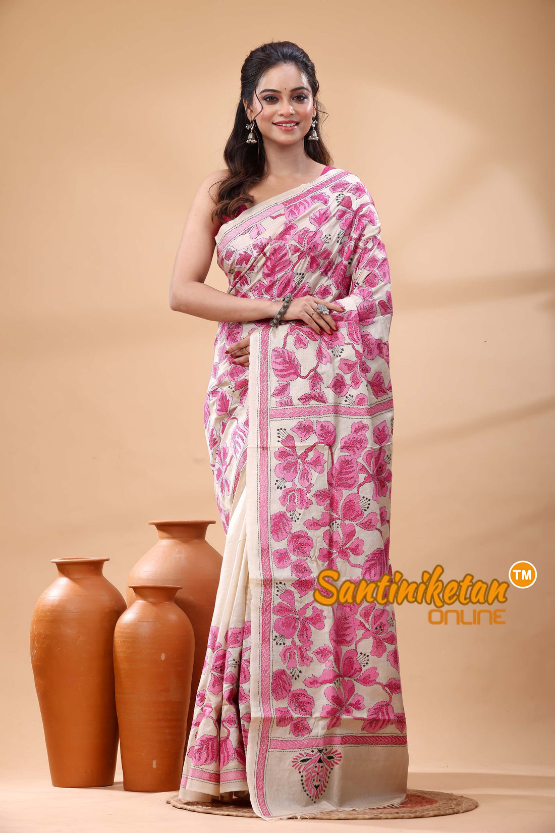 Pure Gachi Tussar Silk Kantha Stitch Saree