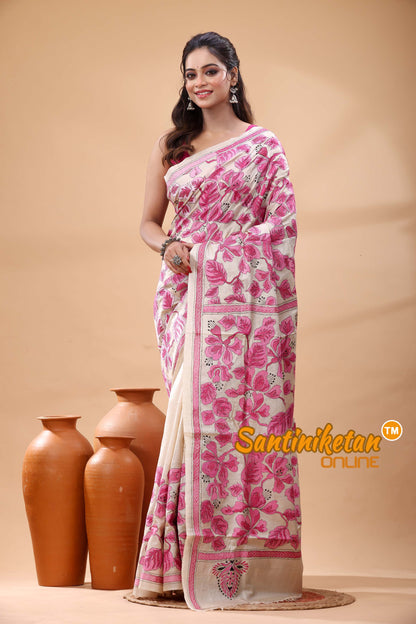 Pure Gachi Tussar Silk Kantha Stitch Saree