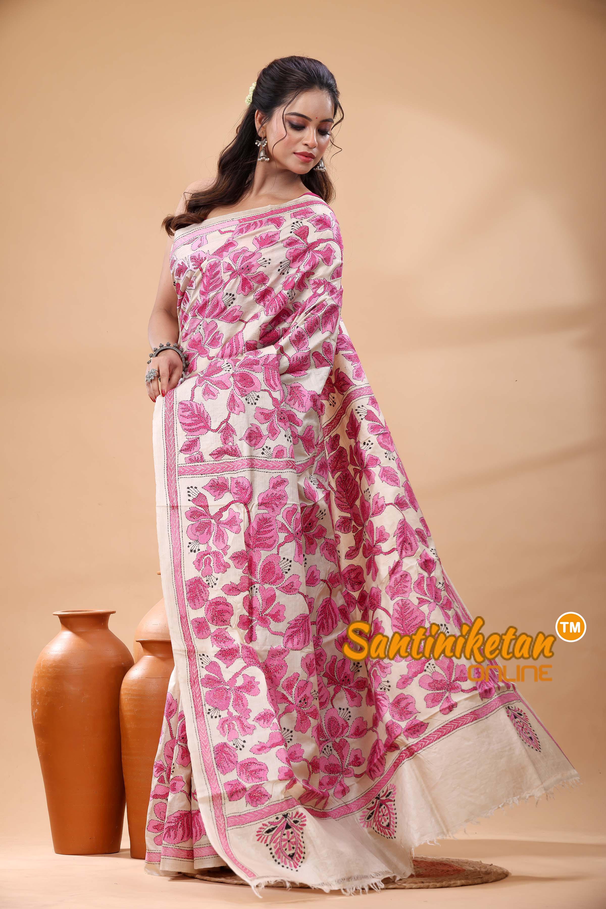 Pure Gachi Tussar Silk Kantha Stitch Saree