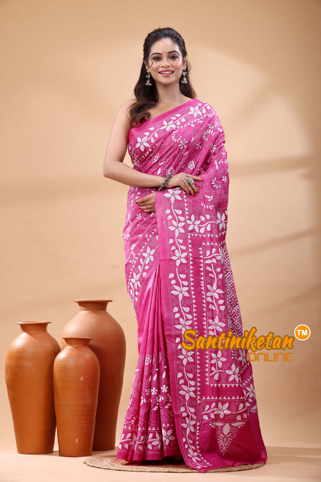 Pure Gachi Dye Tussar Silk Kantha Stitch Saree